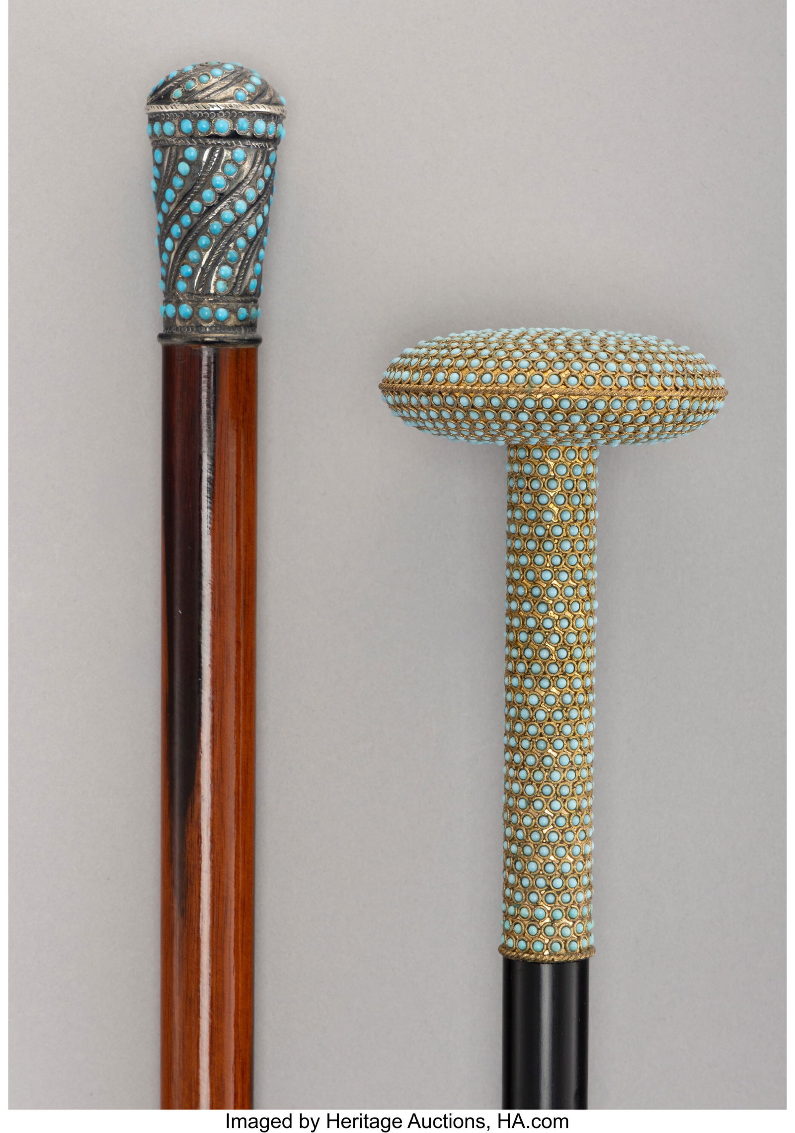 Two Carved Wood Canes with Mounted Turquoise Han (1 of 5)