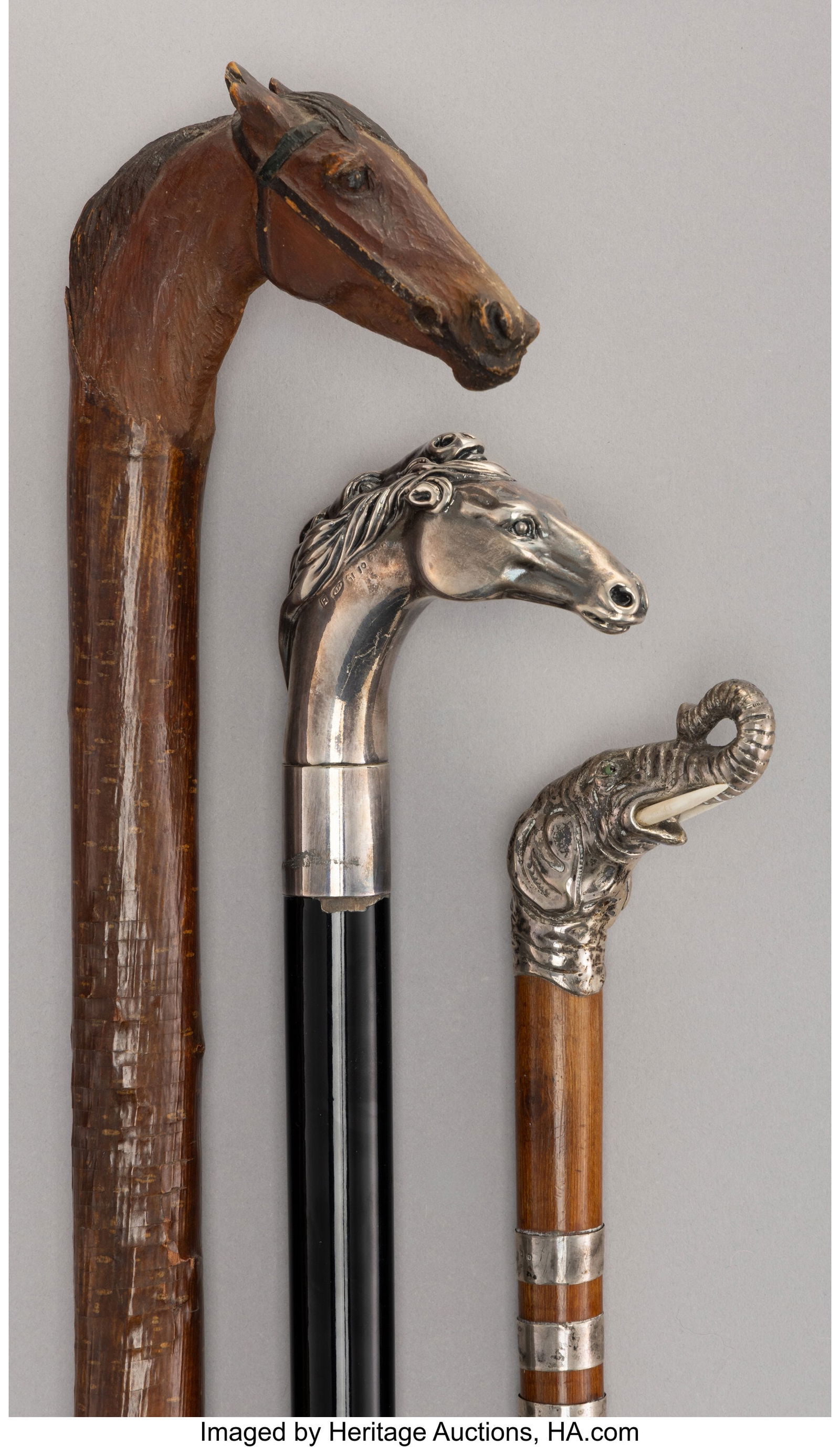 Three Silver-Mounted and Painted Wood Canes: Hor (1 of 6)