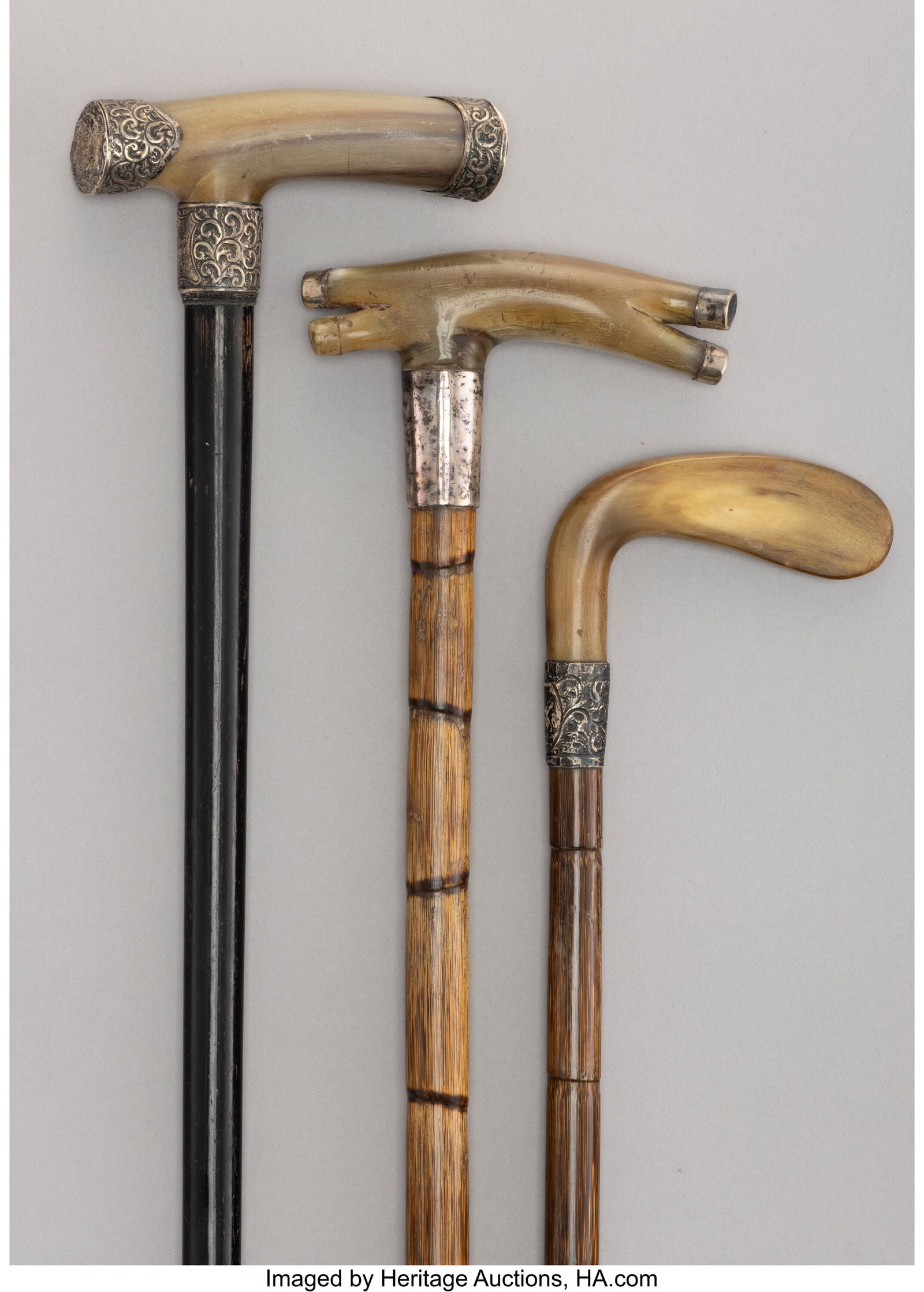 Three Silver-Mounted, Carved Wood, and Bamboo Ca (1 of 4)