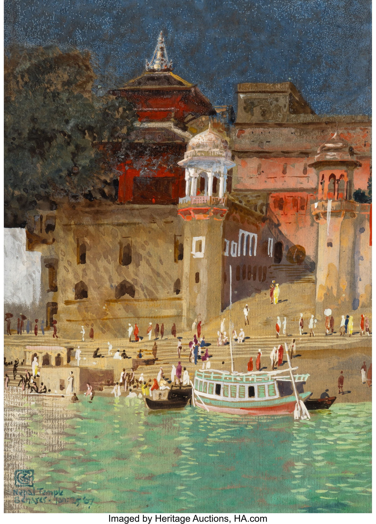Walter Crane (British, 1845-1915) Nepal Temple,: Walter Crane (British, 1845-1915) Nepal Temple, Benares, 1907 Gouache on board 14 x 10 inches (35.6 x 25.4 cm) (sight) Signed with artist'