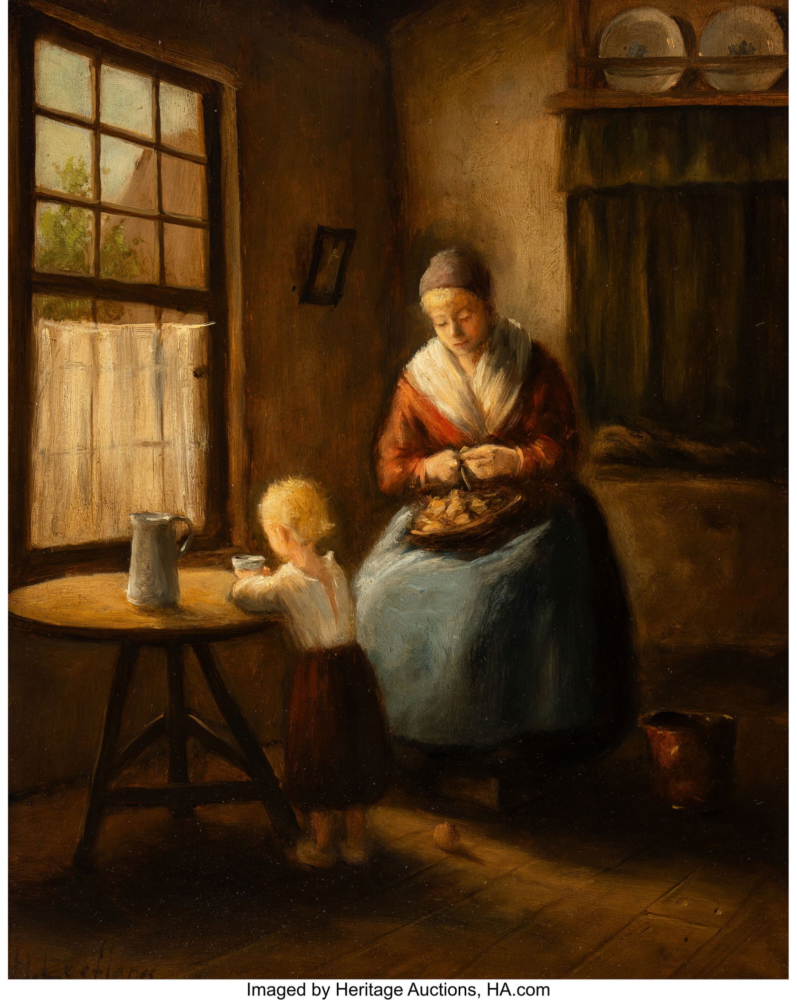 Dutch School (Early 20th Century) Mother and chi: Dutch School (Early 20th Century) Mother and child in an interior Oil on panel 12 x 9-1/4 inches (30.5 x 23.5 cm) Signed lower left: H. Leeflang PROV