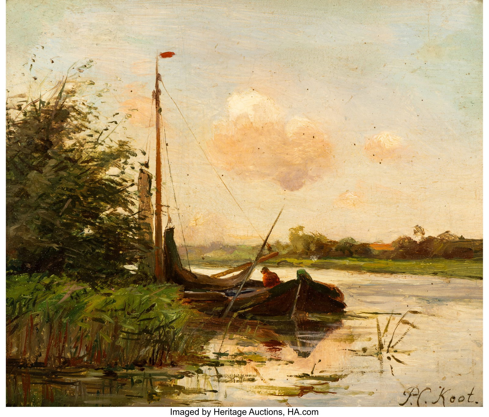 Pieter Cornelis Koot (Dutch, 1861-1921) Schip Va: Pieter Cornelis Koot (Dutch, 1861-1921) Schip Varende op een Rivier Oil on panel 5 x 6 inches (12.7 x 15.2 cm) Signed lower right: P.C. Koot