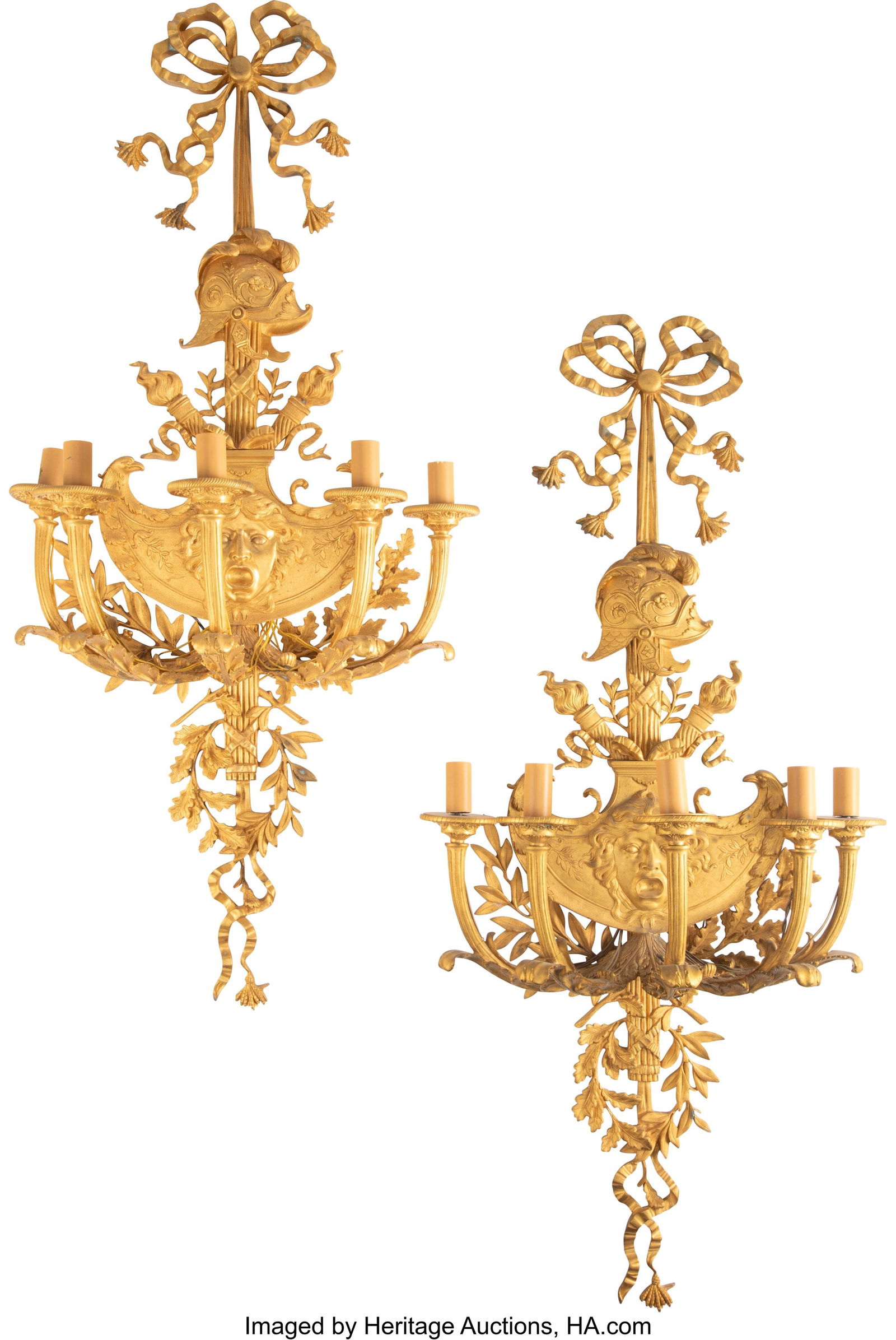 A Pair of French Belle Époque Louis XVI Revival: A Pair of French Belle Époque Louis XVI Revival Five-Light Wall Sconces, circa 1890 46 x 20-1/2 x 11-1/2 inches (116.8 x 52.1 x 29.2 cm) (each&