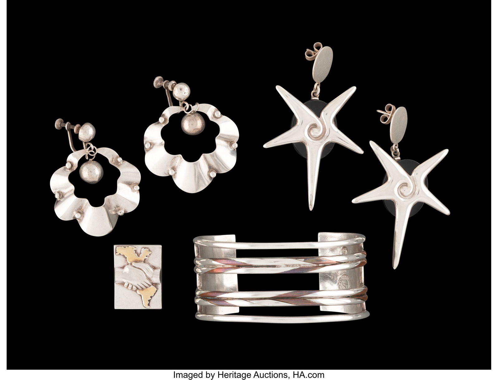 A Six-Piece Collection of William Spratling Silv: A Six-Piece Collection of William Spratling Silver, Mixed Metal, and Obsidian Jewelry, Taxco, Mexico, mid-20th century Marks to largest: (circle-SPRATLING&comm