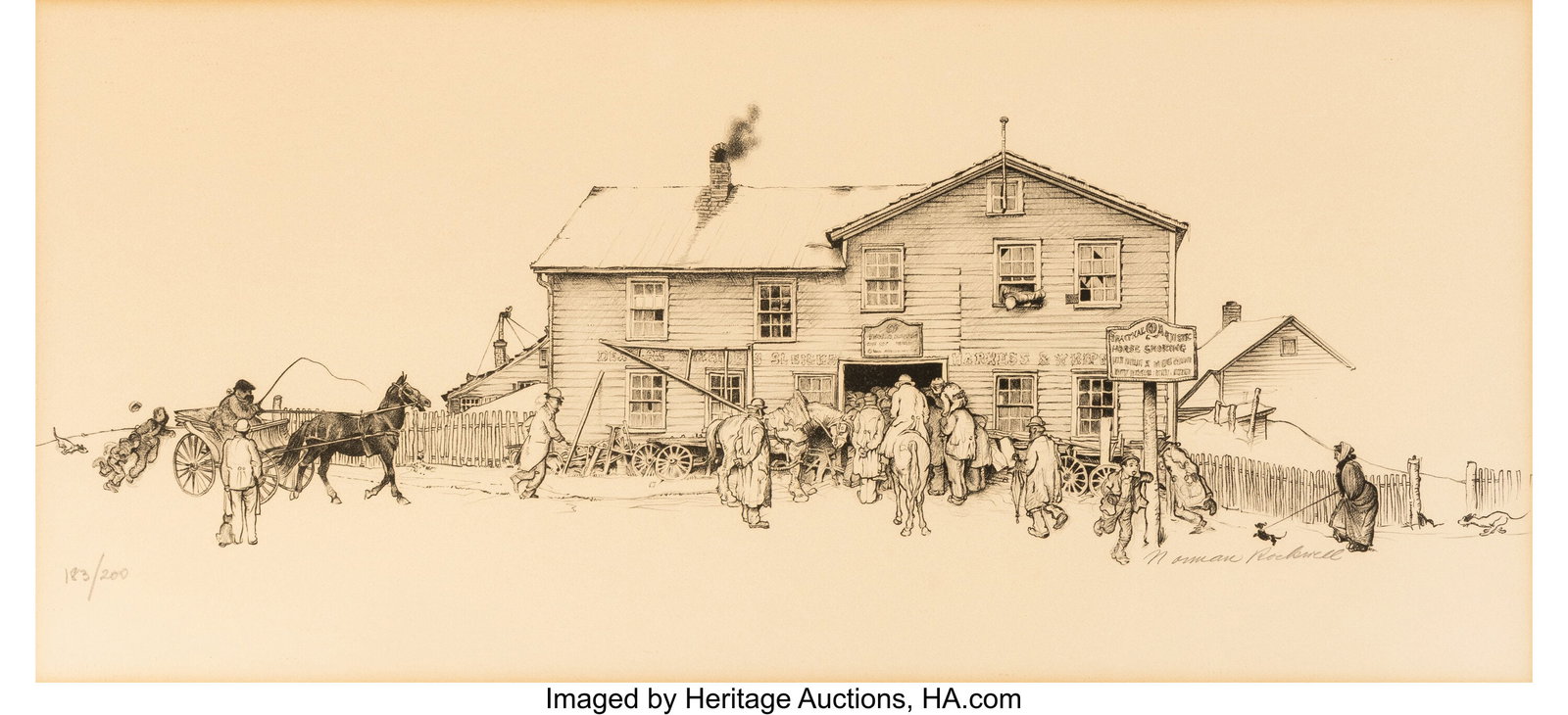 Norman Rockwell (American, 1894-1978) Blacksmith: Norman Rockwell (American, 1894-1978) Blacksmith Shop, 1971 Lithograph on paper 12-1/8 x 27 inches (30.8 x 68.6 cm) (sight) Ed. 183&s