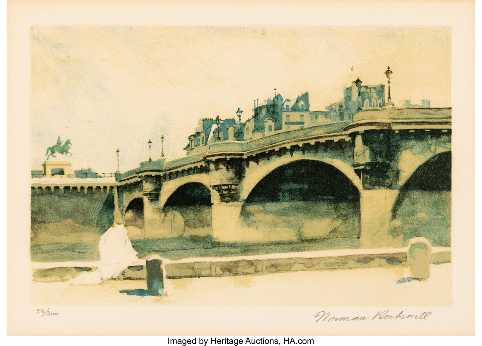 Norman Rockwell (American, 1894-1978) Le Pont Ne: Norman Rockwell (American, 1894-1978) Le Pont Neuf Lithograph in colors on paper 9-1/2 x 14-1/4 inches (24.1 x 36.2 cm) (image) Ed. 56&