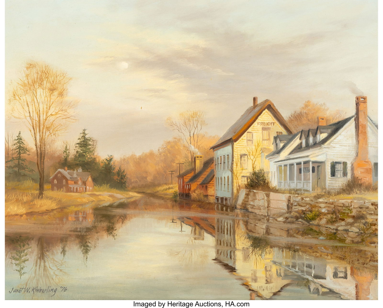 Janet Wensley Kimberling (American, 1925-2022) M: Janet Wensley Kimberling (American, 1925-2022) Mill Pond, Londonderry, Vermont, 1976 Oil on canvas 16 x 20 inches (40.6 x 50.8 cm) Signed and