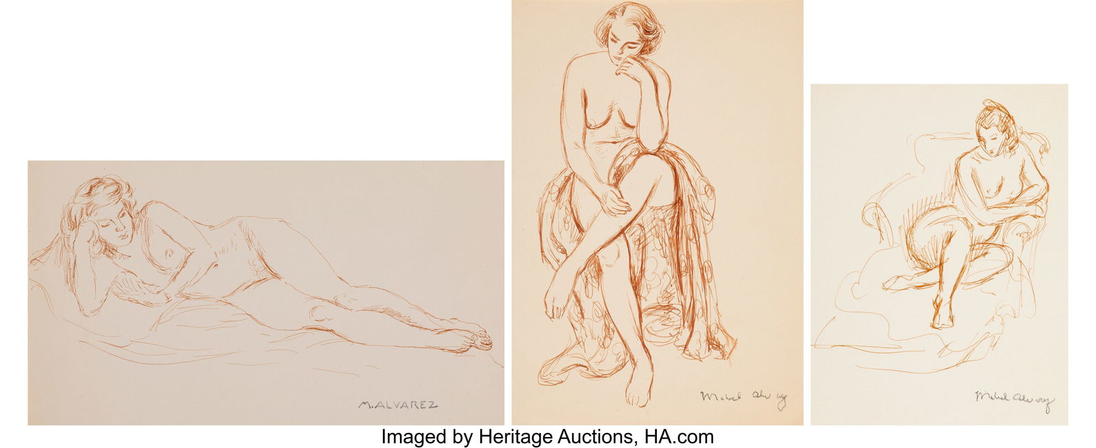 Mabel Alvarez (American, 1891-1985) Nude Seated: Mabel Alvarez (American, 1891-1985) Nude Seated in Draped Chair, Seated Nude, Lounging Nude (three works) Ink on paper 9 x 11-3/4 inches (22.9 x 2
