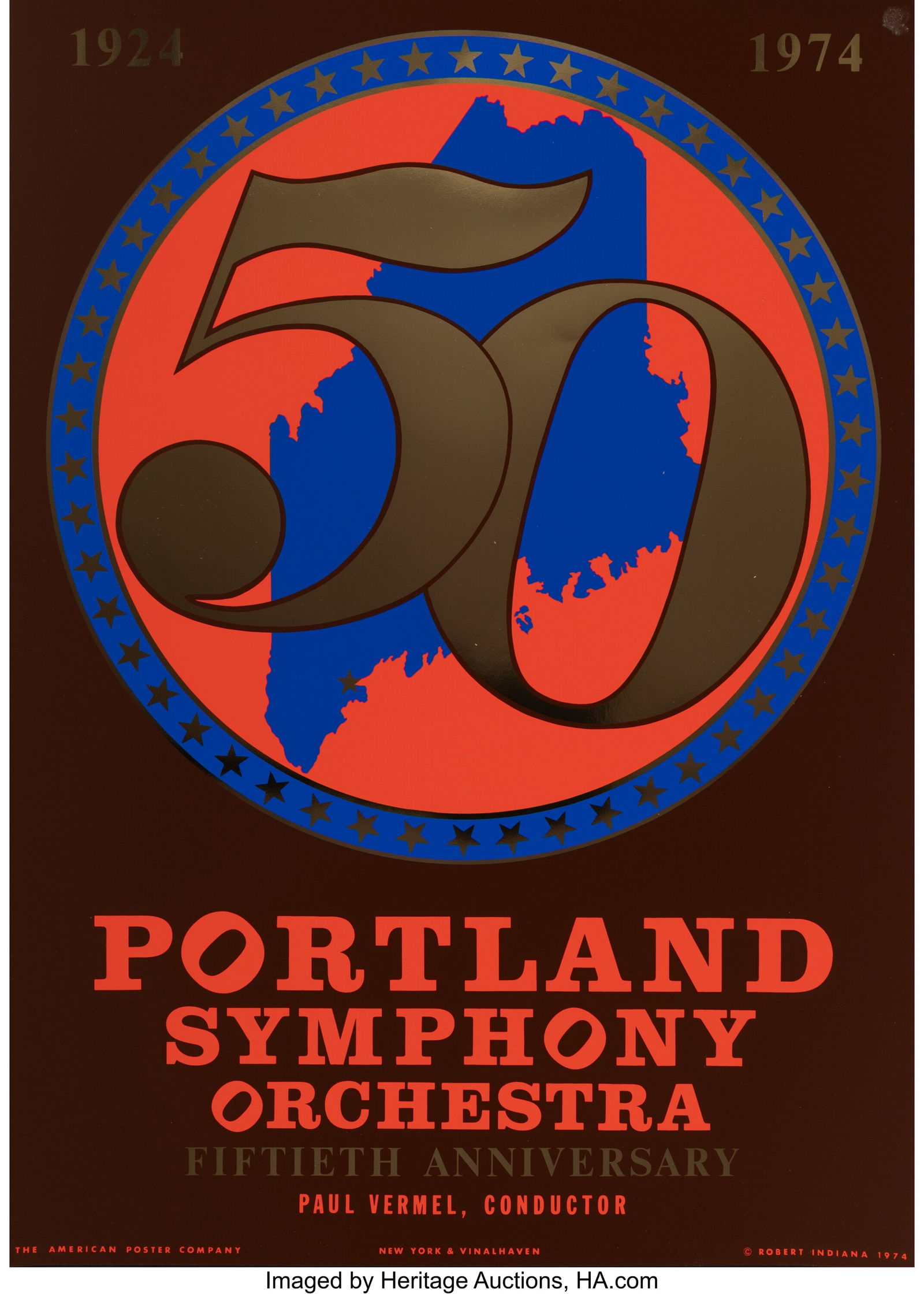 Robert Indiana (American, 1928-2018) 50th Annive: Robert Indiana (American, 1928-2018) 50th Anniversary Portland Symphony Orchestra, 1974 Screenprint in colors with gold foil on paper 35 x 25 inches (88.9 x 63&period