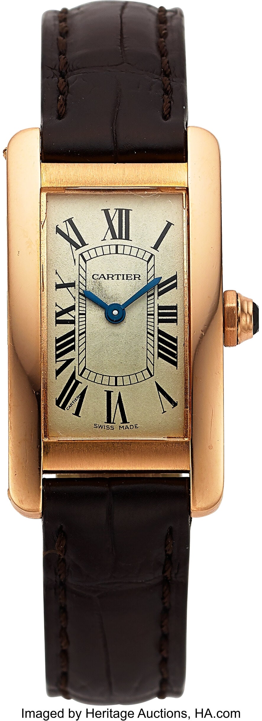 Cartier Tank Americaine 18k Rose Gold Wrist Watc: Cartier Tank Americaine 18k Rose Gold Wrist Watch Case: 19 mm x 34 mm, 18k rose gold, two body, 4 screw-down case back, rectangular case, and jewel set crown,