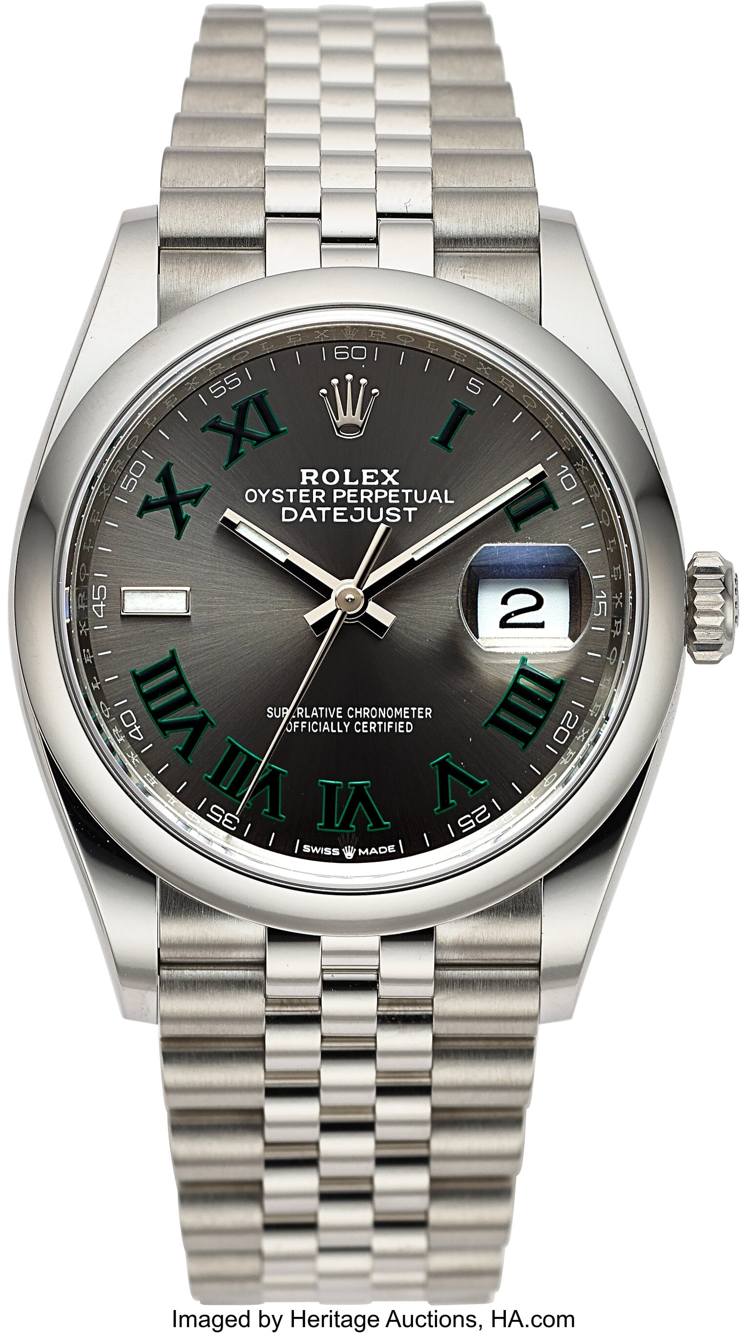 Rolex Oyster Perpetual Datejust "Wimbeldon", Ref: Rolex Oyster Perpetual Datejust "Wimbeldon", Ref. 126300 Case: 36 mm, stainless steel, three body with screw-down case back and crown, 01TG8801 Dial: grey su