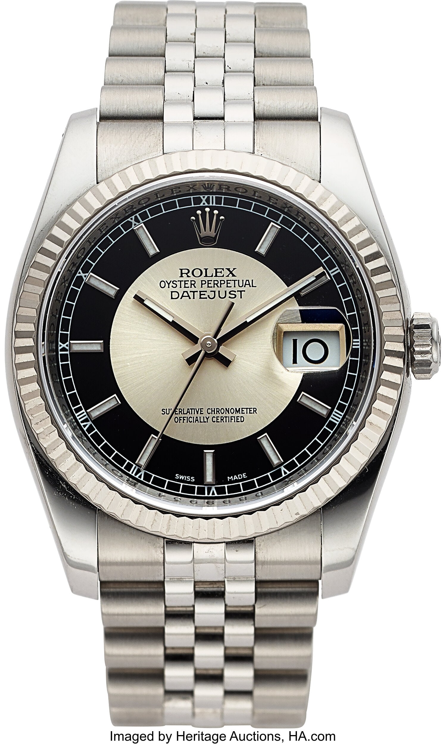 Rolex Oyster Perpetual Datejust 18k White Gold S: Rolex Oyster Perpetual Datejust 18k White Gold Steel, Ref. 116234 Case: 36 mm, stainless steel and 18k white gold, three body, screw-down case back and crown&comma