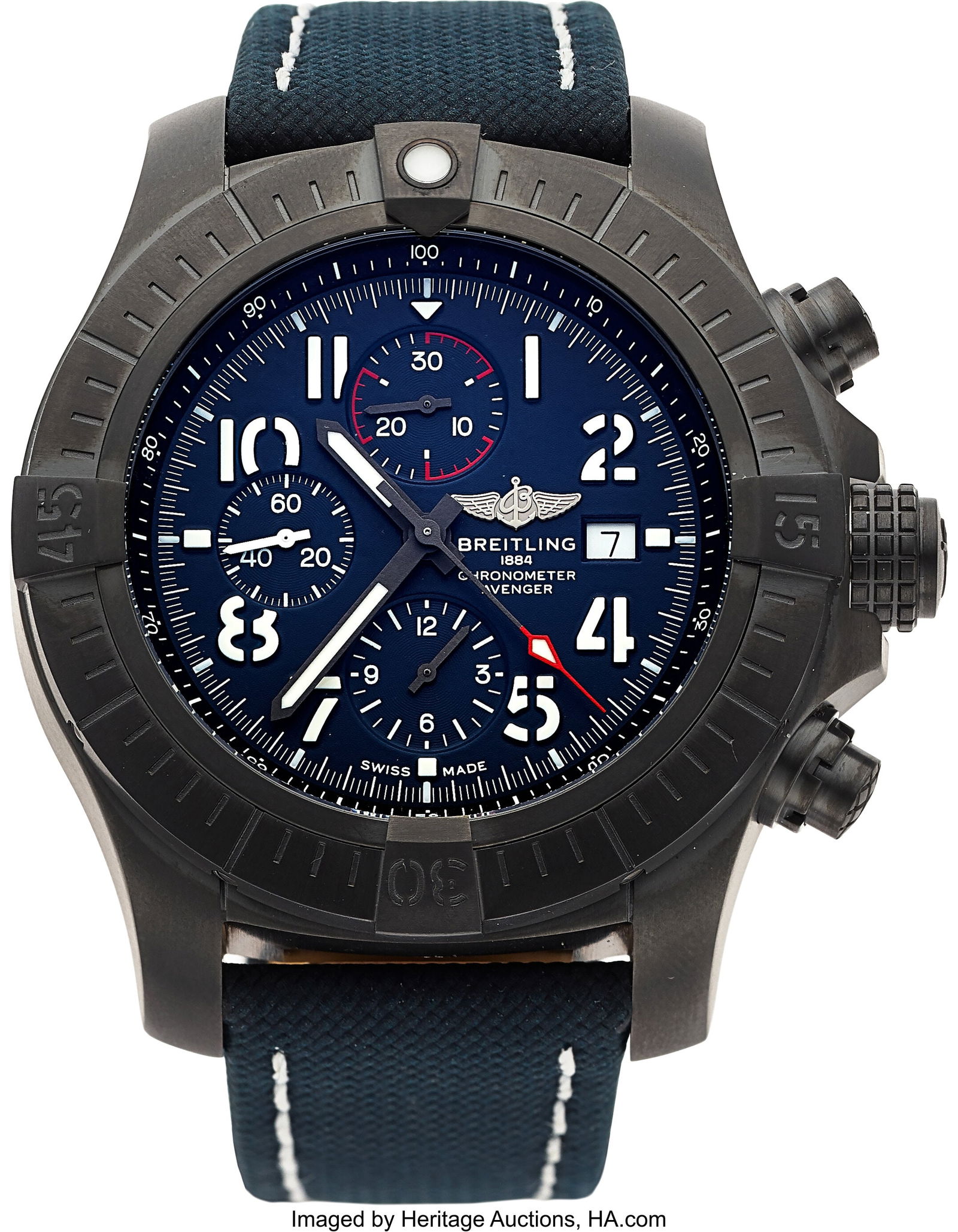Breitling Avenger Chronograph "Night Mission", R: Breitling Avenger Chronograph "Night Mission", Ref. V13375 Full Set Case: 48 mm, DLC coated titanium, three body, screw-down case back and crown, unidirectio