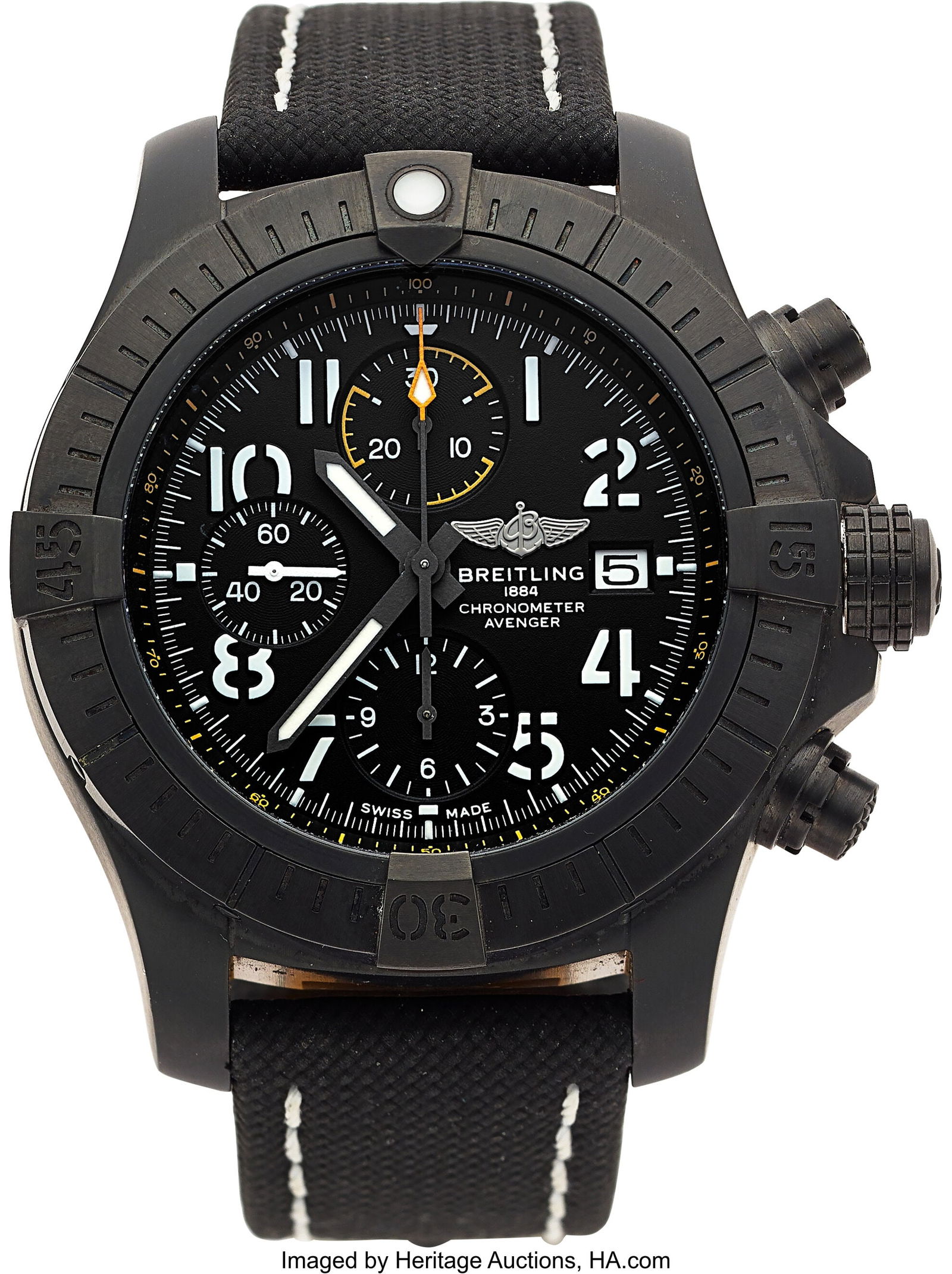 Breitling Chronograph Avenger "Night Mission", R: Breitling Chronograph Avenger "Night Mission", Ref. V13317 Full Set Case: 45 mm, DLC coated titanium, three body, screw-down case back and crown, unidirectio