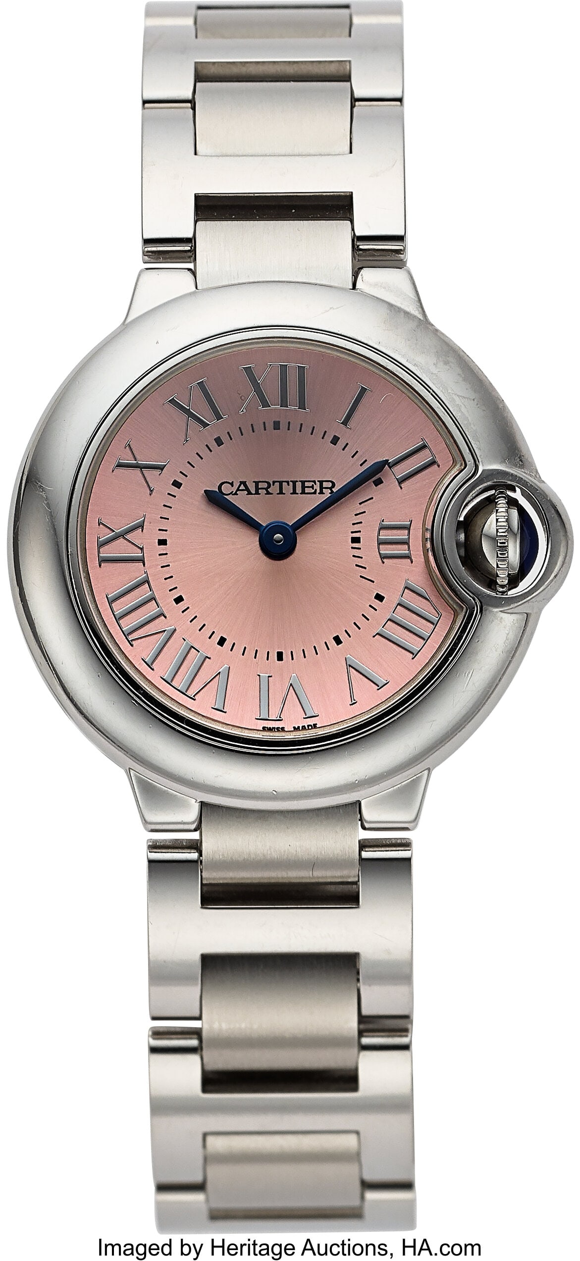 Ballon Bleu de Cartier Lady's Wrist Watch Case: Ballon Bleu de Cartier Lady's Wrist Watch Case: 28 mm, stainless steel, three body, 4 screw case back, and covered crown, 356359VX Dial: pink dial with