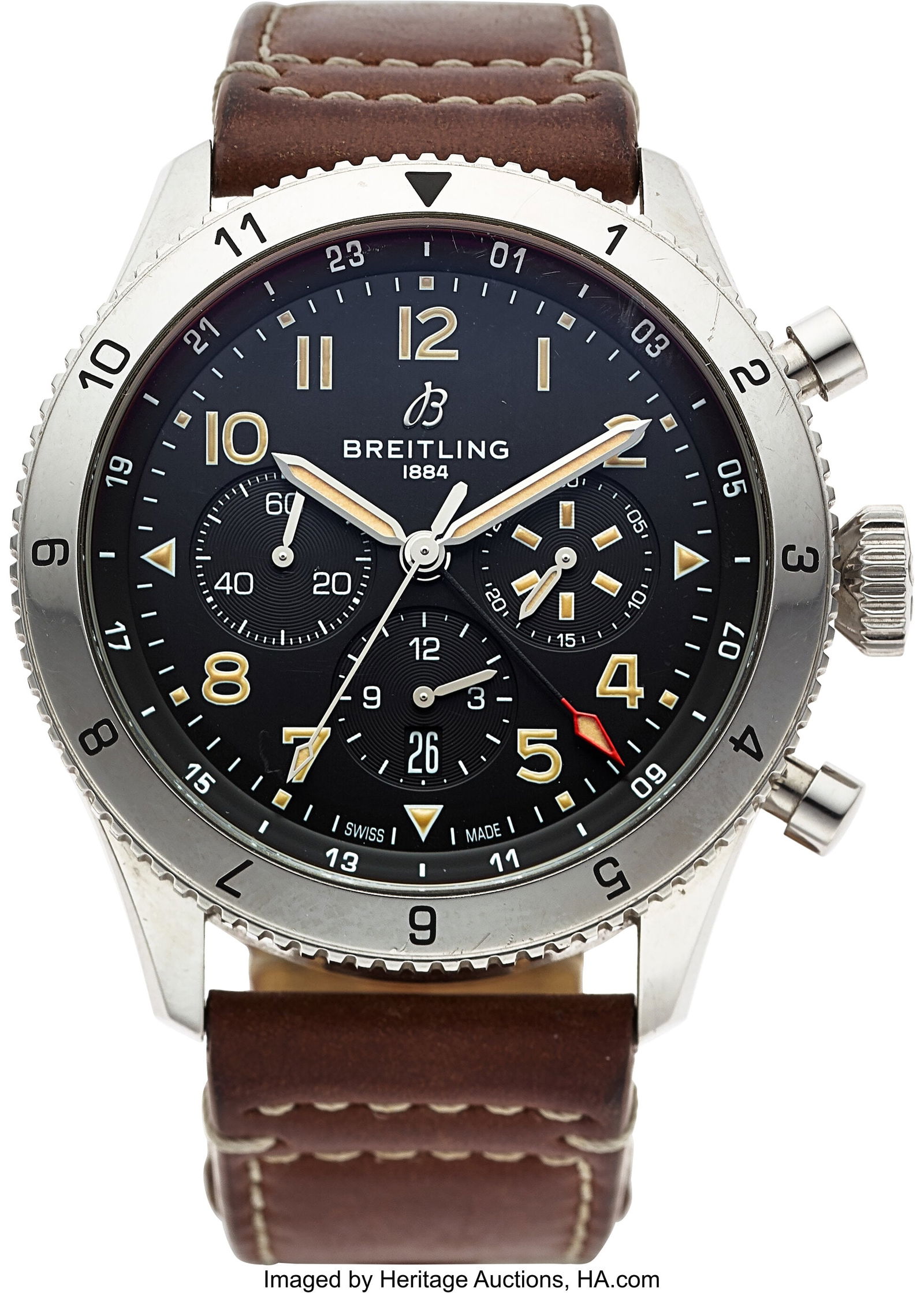 Breitling AVI B04 Chronograph GMT P-51 Mustang,: Breitling AVI B04 Chronograph GMT P-51 Mustang, Ref. AB0445 Full Set Case: 46 mm, stainless steel, three body, screw-down exhibition case back and crown, and