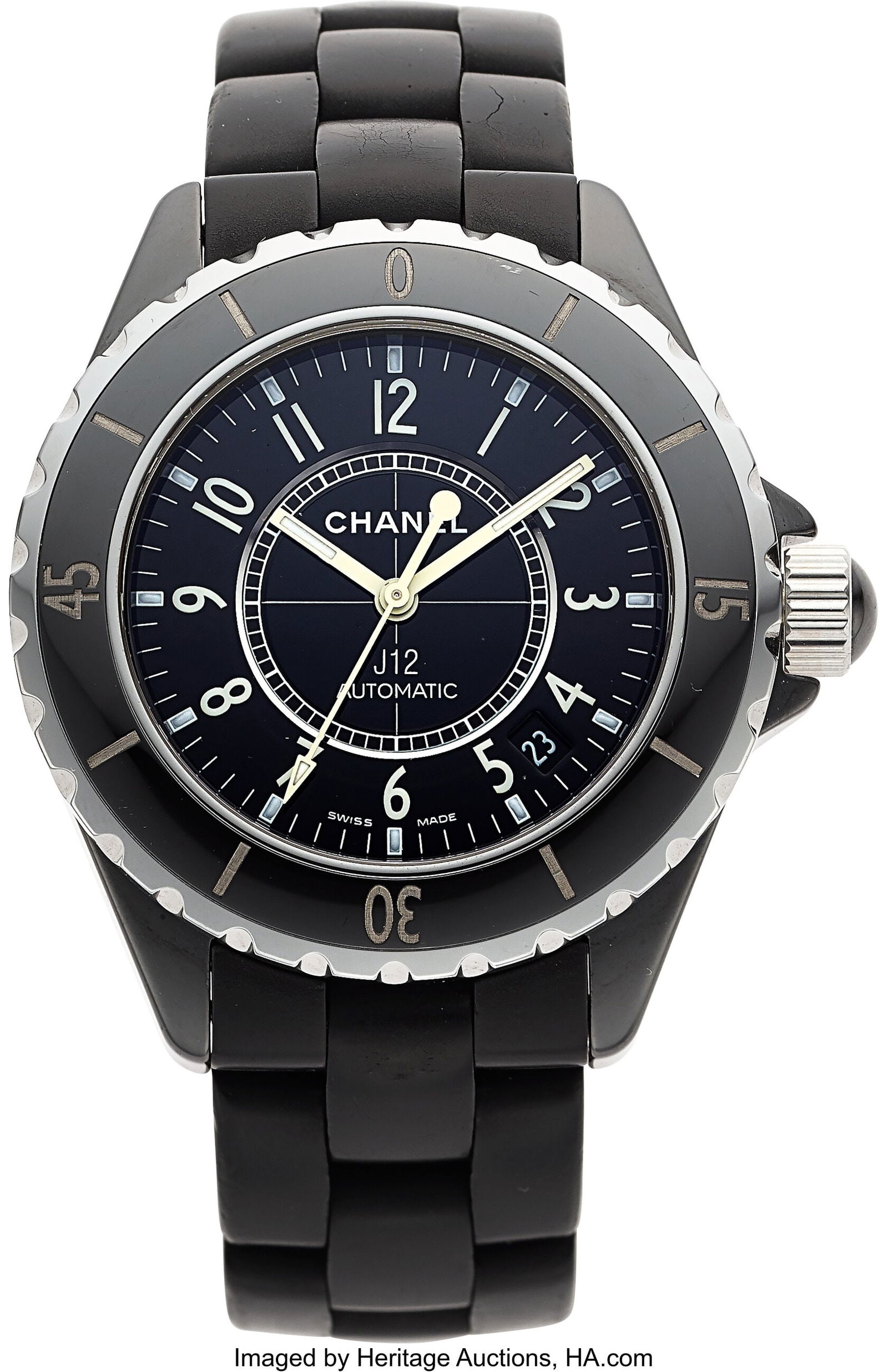 Chanel J12 Automatic Black Ceramic and Steel Ca: Chanel J12 Automatic Black Ceramic and Steel Case: 38 mm, ceramic and steel, two body, 8 screw steel case back, unidirectional rotating black bezel, and