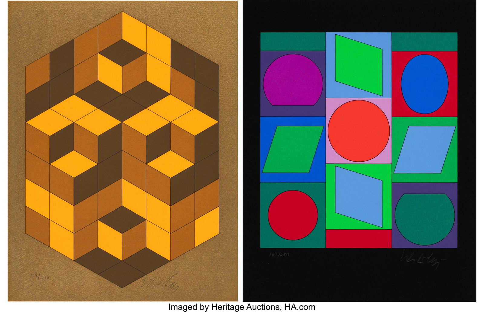 Victor Vasarely (1906-1997) Two Works, from Micr: Victor Vasarely (1906-1997) Two Works, from Microcosmos, circa 1980 Screenprints in colors on wove paper 13 x 10 inches (33.0 x 25.4 cm) (sight)