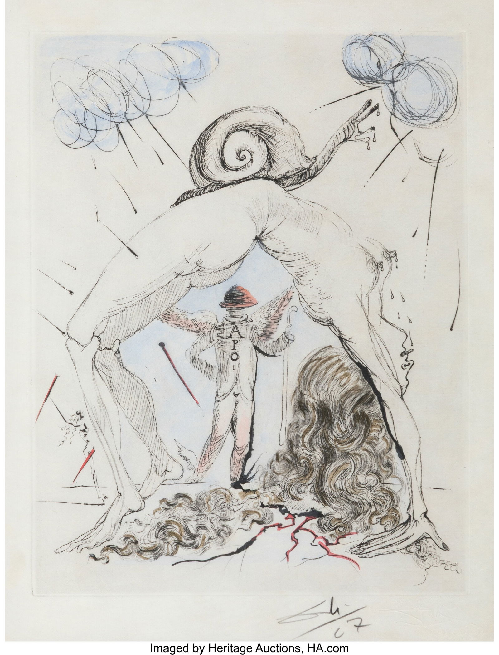 Salvador Dalí (1904-1989) Nu à l'escargot, fro: Salvador Dalí (1904-1989) Nu à l'escargot, from Poèmes Secrets, 1967 Engraving, etching, and hand coloring on Japon paper 14-1/2 x 10-3/4