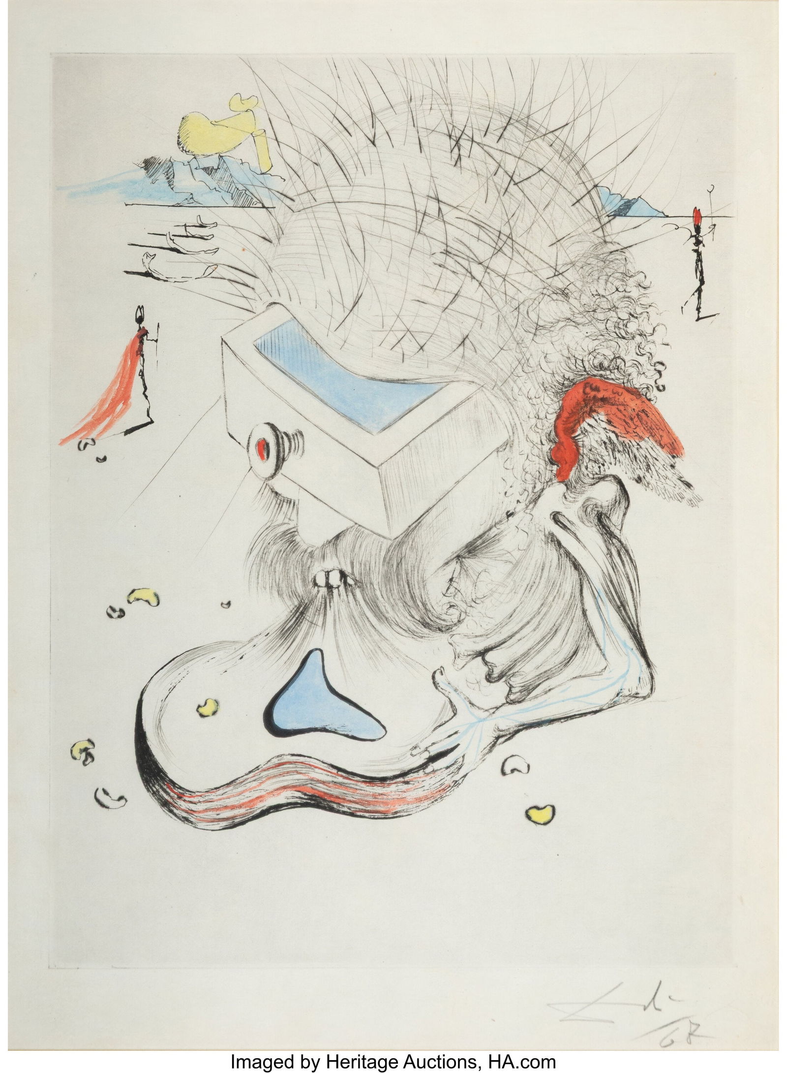 Salvador Dalí (1904-1989) Le plage de Sète, fr: Salvador Dalí (1904-1989) Le plage de Sète, from Poèmes Secrets, 1967 Engraving, etching, and hand coloring on Japon paper 14-1/2 x 10-3/