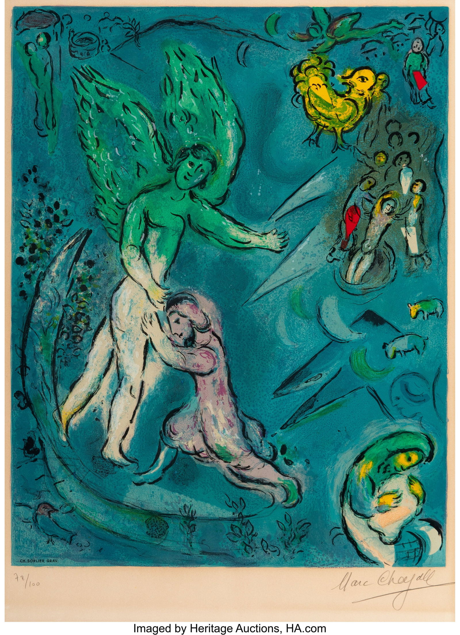 After Marc Chagall (1887-1985) La lutte de Jacob: After Marc Chagall (1887-1985) La lutte de Jacob et de ange, 1967 Lithograph in colors on wove paper 23 x 16-1/2 inches (58.4 x 41.9 cm) (sight) E