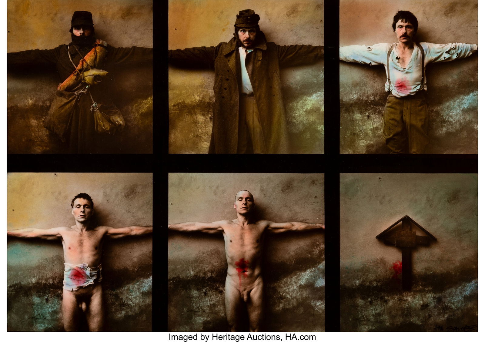 Jan Saudek (Czech, b. 1935) Death of Soldier (Po: Jan Saudek (Czech, b. 1935) Death of Soldier (Polyptych image), 1996 Dye coupler print with applied coloring 10-1/2 x 14-1/4 inches (26.7 x 3
