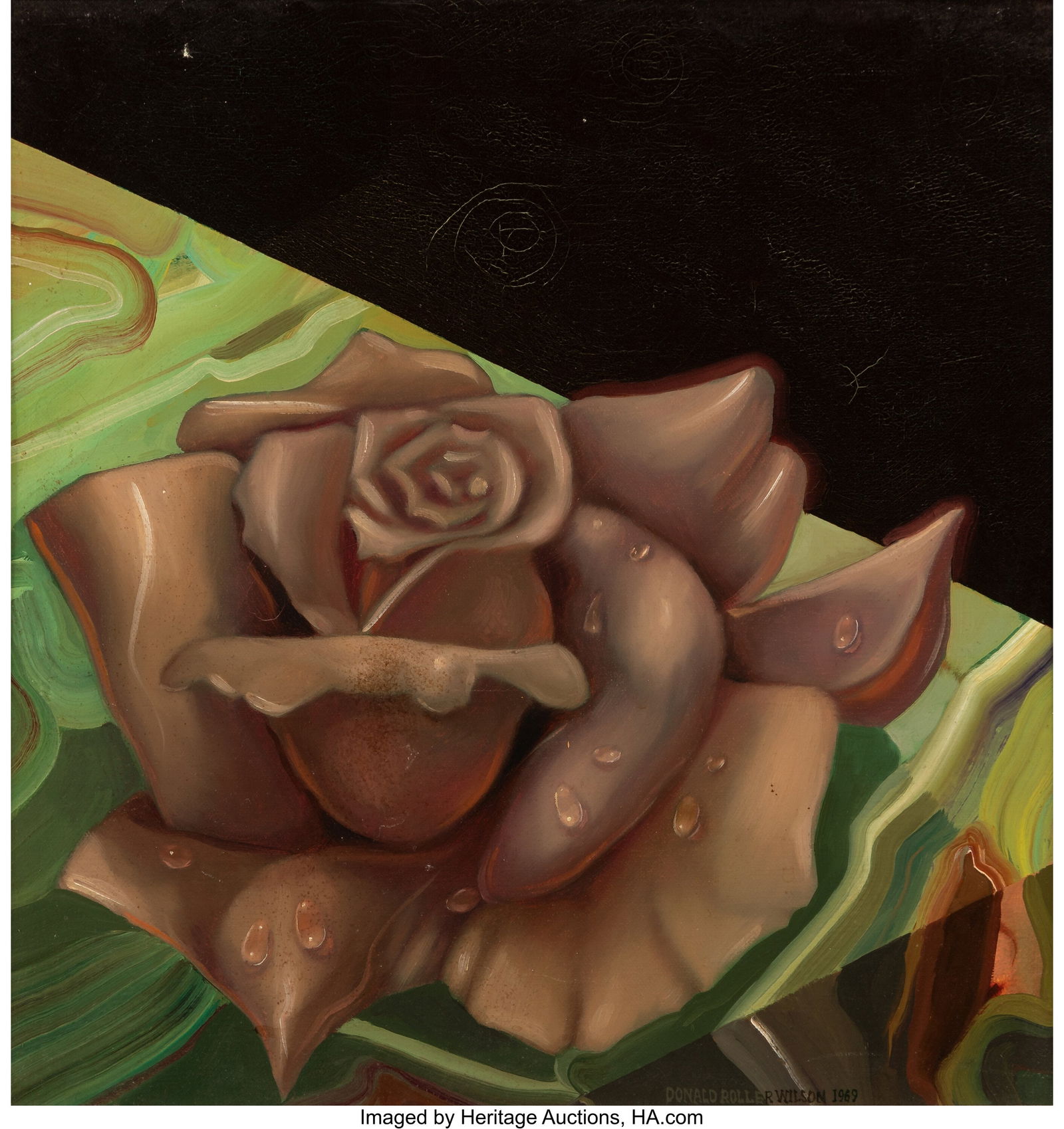 Donald Roller Wilson (b. 1938) Flesh Rose, Slab: Donald Roller Wilson (b. 1938) Flesh Rose, Slab Ride, 1969 Oil on canvas 14 x 14 inches (35.6 x 35.6 cm) Signed and dated lower right: Donald