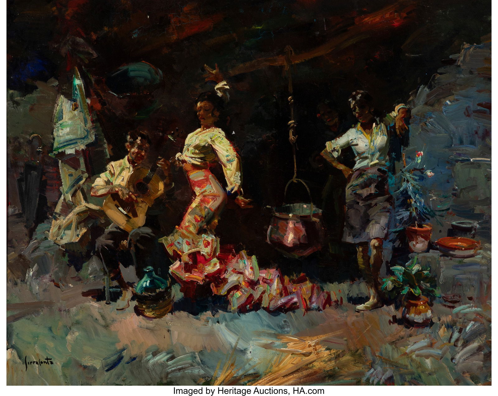 Jose Serra Santa (1916-1998) Around the Cook Fir: Jose Serra Santa (1916-1998) Around the Cook Fire Oil on canvas 41-1/2 x 39 inches (105.4 x 99.1 cm) Signed lower left: Serra Santa PROVENANCE: