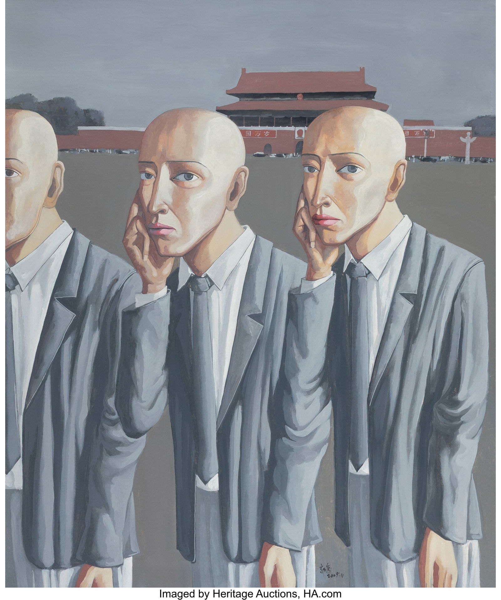 Guo Yi (b. 1969) Three Standing Figures, 2005 Oi: Guo Yi (b. 1969) Three Standing Figures, 2005 Oil on canvas 47-1/4 x 39-3/8 inches (120.0 x 99.9 cm) Signed and dated lower center: (a