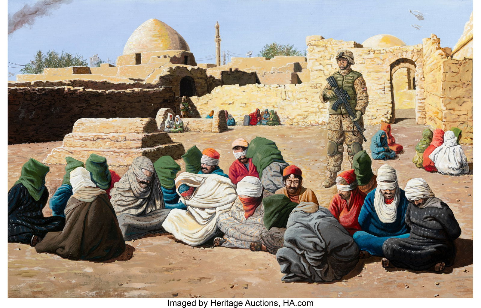 Sandow Birk (b. 1962) Village Scene- Afghanistan: Sandow Birk (b. 1962) Village Scene- Afghanistan from The Depravities of War series, 2007 Oil and acrylic on canvas laid on board 22 x 34 inches (55.9 x 86.4