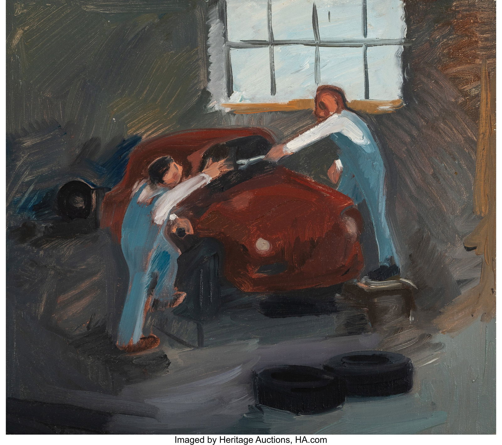 Jane Corrigan (b. 1980) Passing the Wrench, 2012: Jane Corrigan (b. 1980) Passing the Wrench, 2012 Oil on linen 18 x 16 inches (45.7 x 40.6 cm) Signed and dated on the reverse: Jane Corrigan /