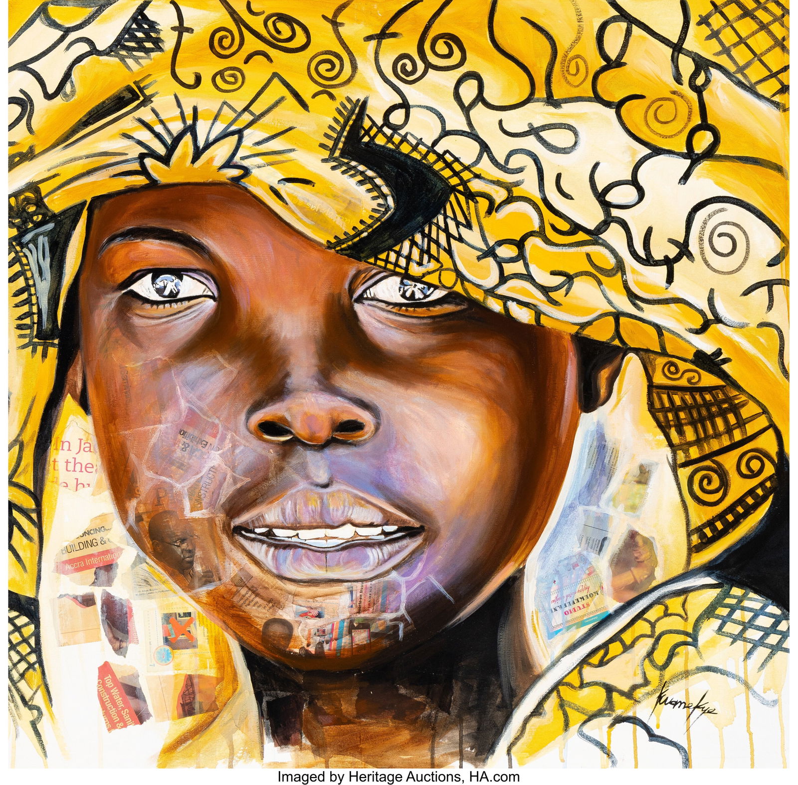 Otis Kwame Kye Quaicoe (b. 1988) The Girl From M: Otis Kwame Kye Quaicoe (b. 1988) The Girl From Murisi, 2017 Oil and collage on canvas 36 x 36 inches (91.4 x 91.4 cm) Signed lower right: Kwame Kye