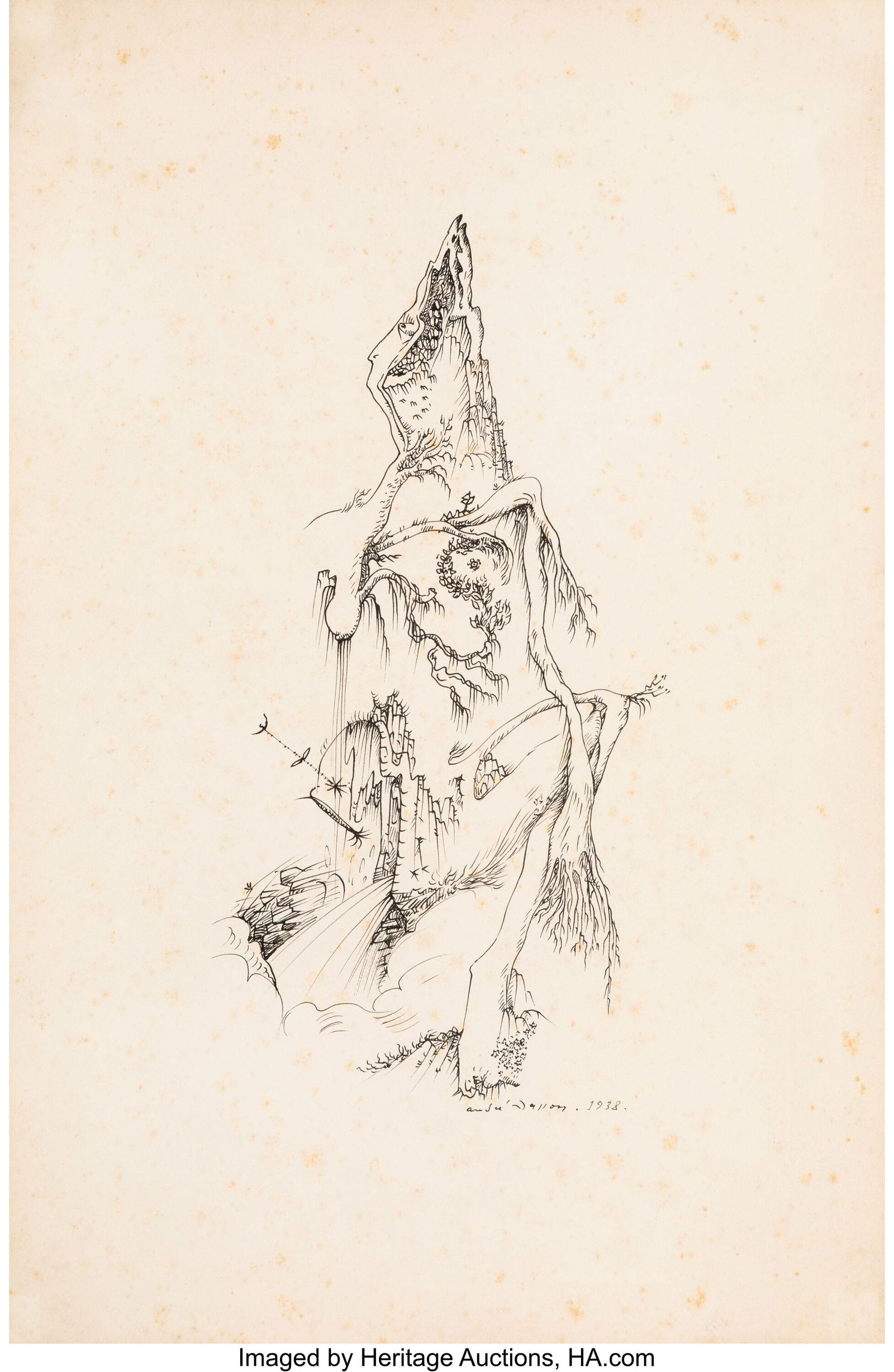 André Masson (1896-1987) La Femme, 1938 Ink on: André Masson (1896-1987) La Femme, 1938 Ink on Arches paper 18-3/4 x 12-1/4 inches (47.6 x 31.1 cm) Signed and dated to lower center: Andre