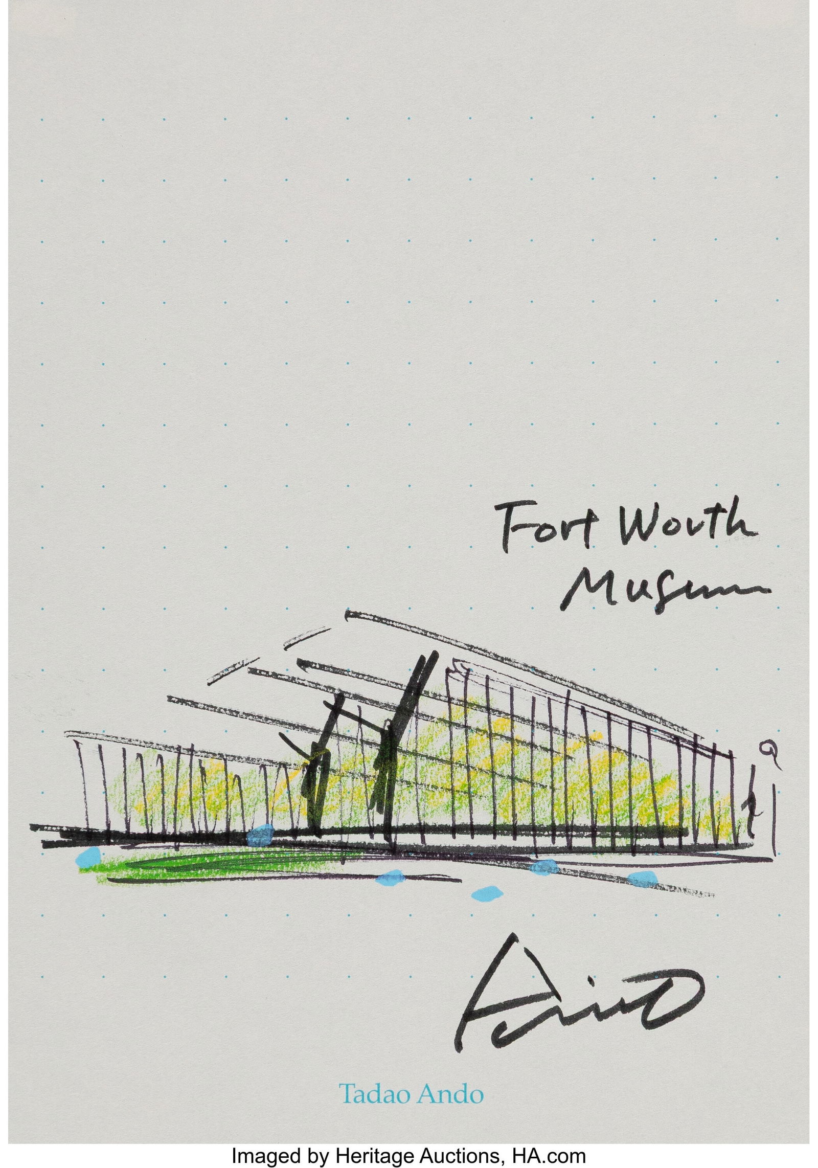 Tadao Ando (b. 1941) Fort Worth Museum Ink and c: Tadao Ando (b. 1941) Fort Worth Museum Ink and crayon on paper 7-3/8 x 5-1/8 inches (18.6 x 13.0 cm) (sheet) Signed lower right: Ando P