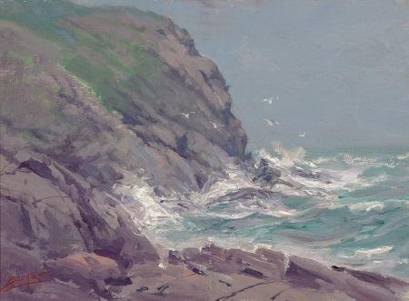 MILTON JAMES BURNS (American, 1853-1933) Rocky S: MILTON JAMES BURNS (American, 1853-1933) Rocky Seascape Oil on canvasboard
