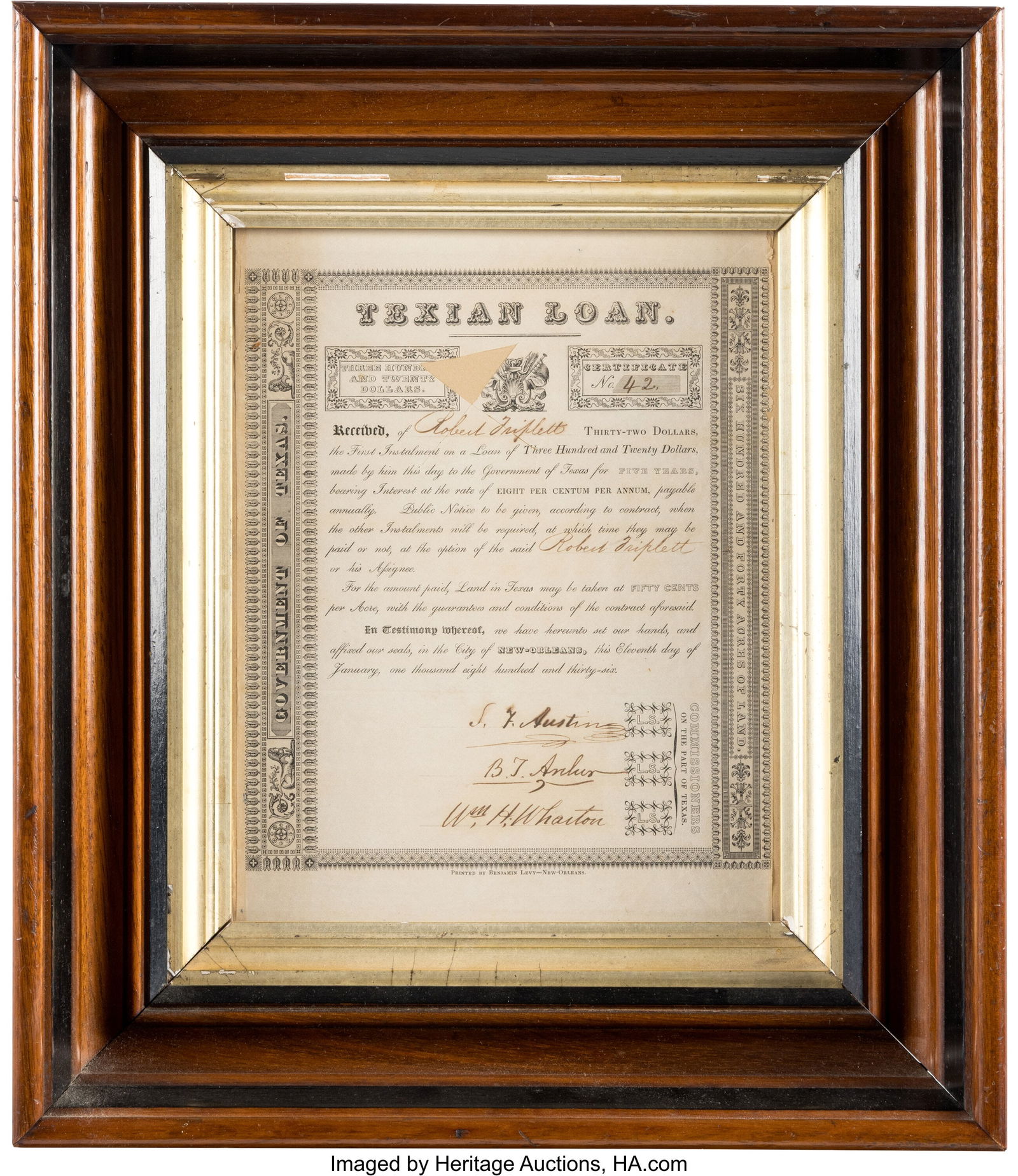 Stephen F. Austin Signed Texian Loan Certificate (1 of 1)