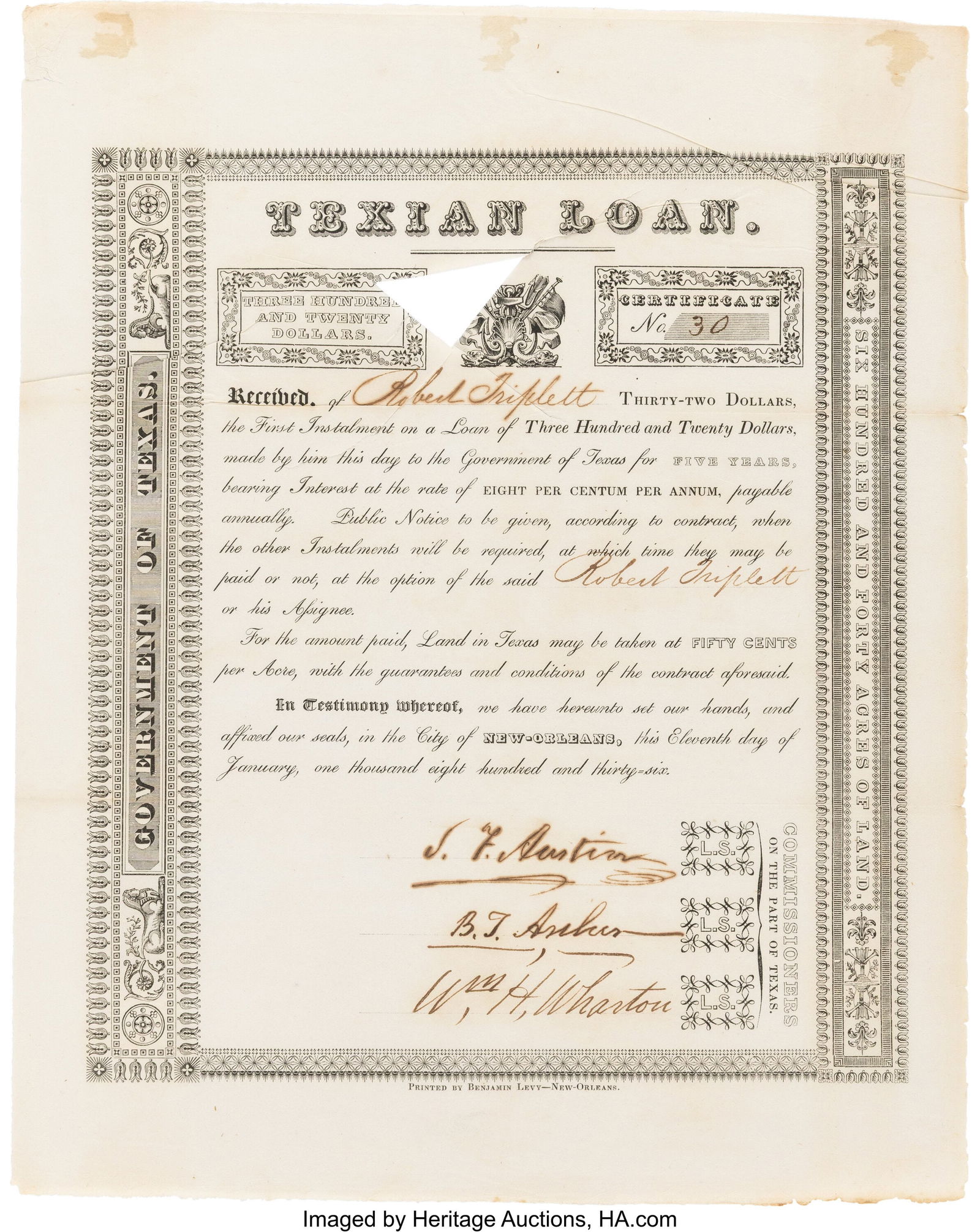 Stephen F. Austin Signed Texian Loan Certificate (1 of 2)