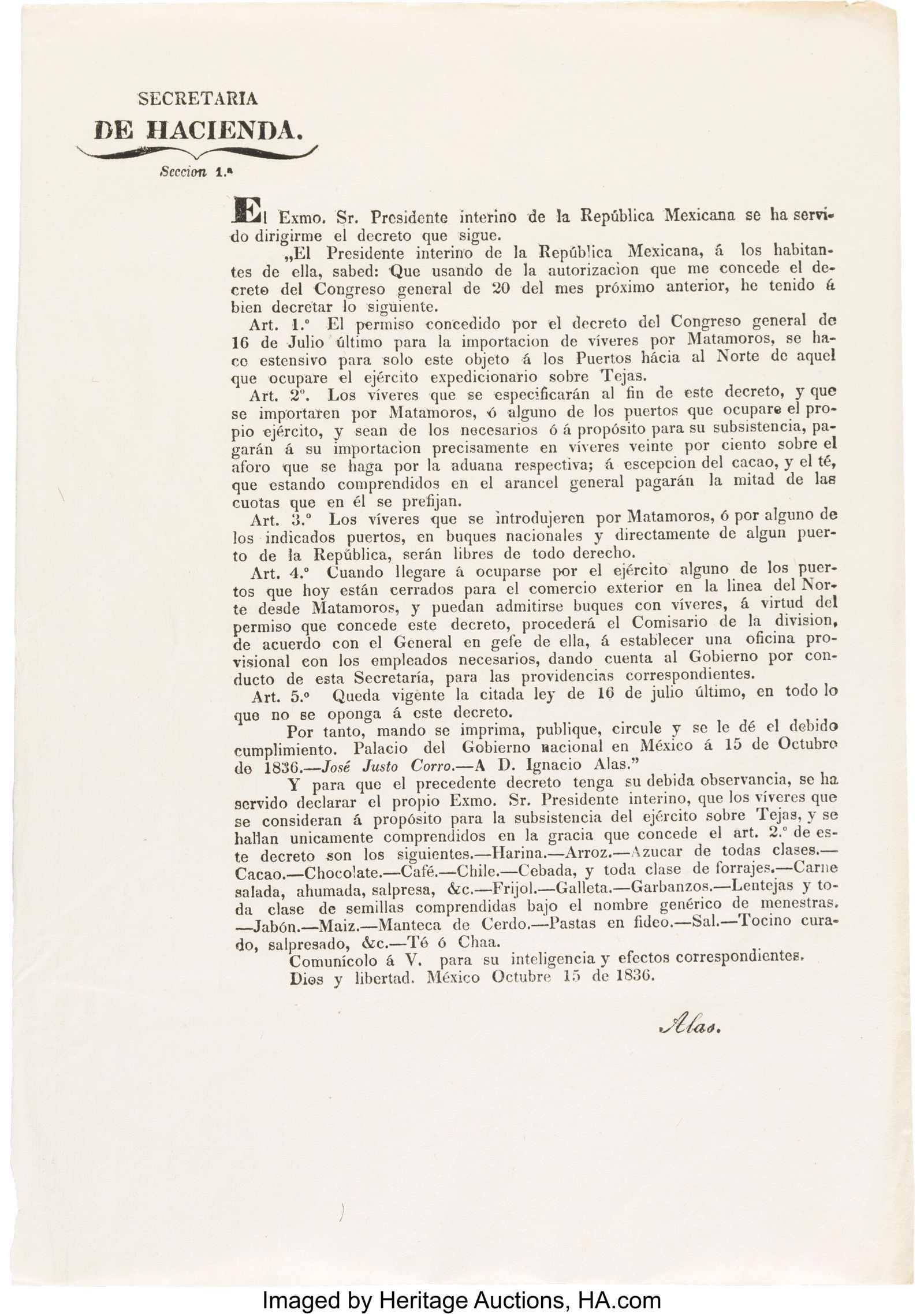 José Justo Corro Broadside Decree Establishing (1 of 1)