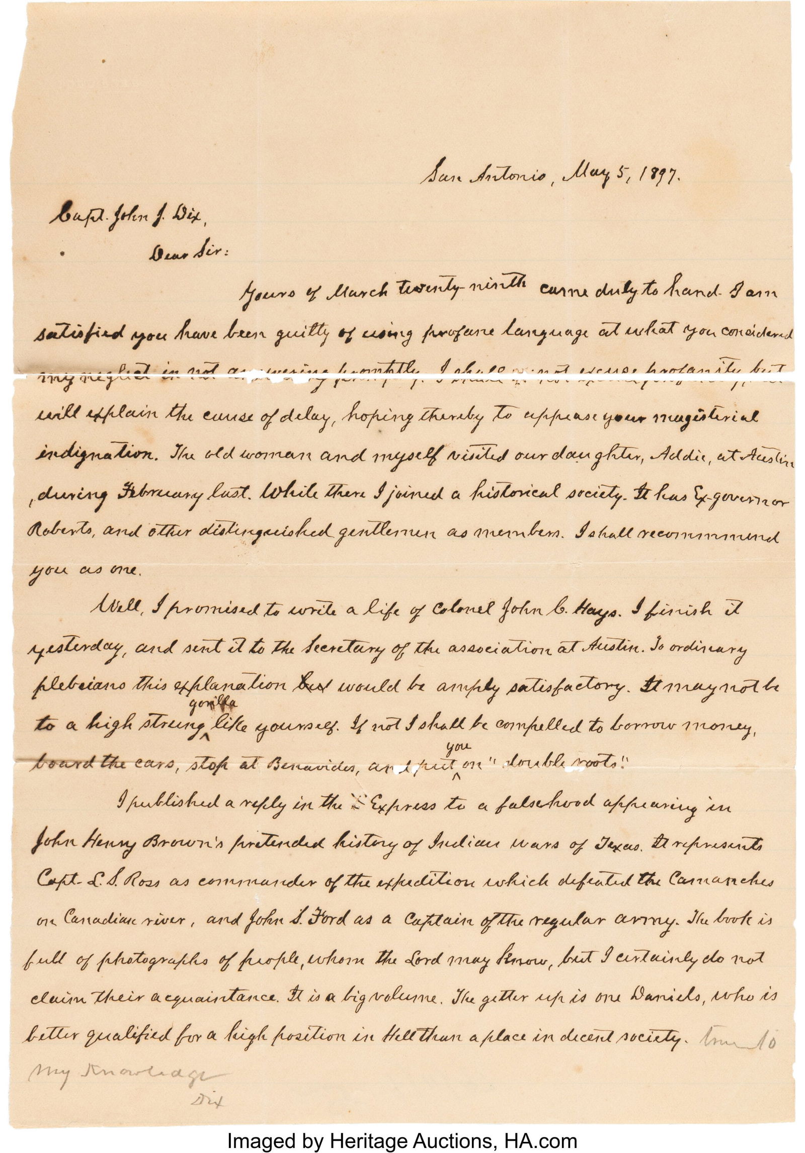 John S. "Rip" Ford Autograph Letter. One page, 7 (1 of 1)