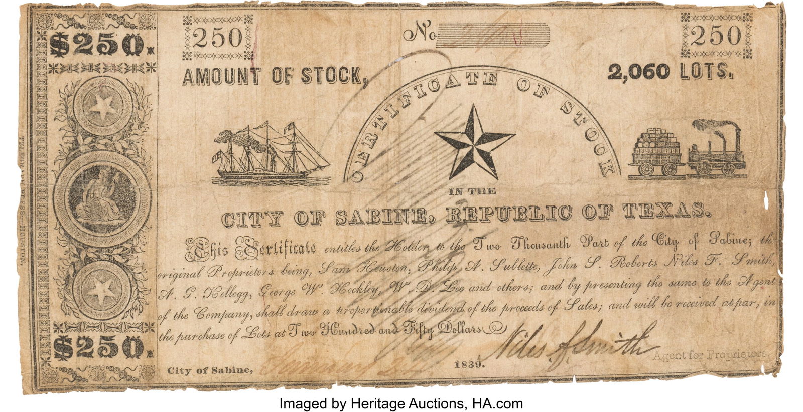 [Republic of Texas]. City of Sabine Certificate (1 of 2)