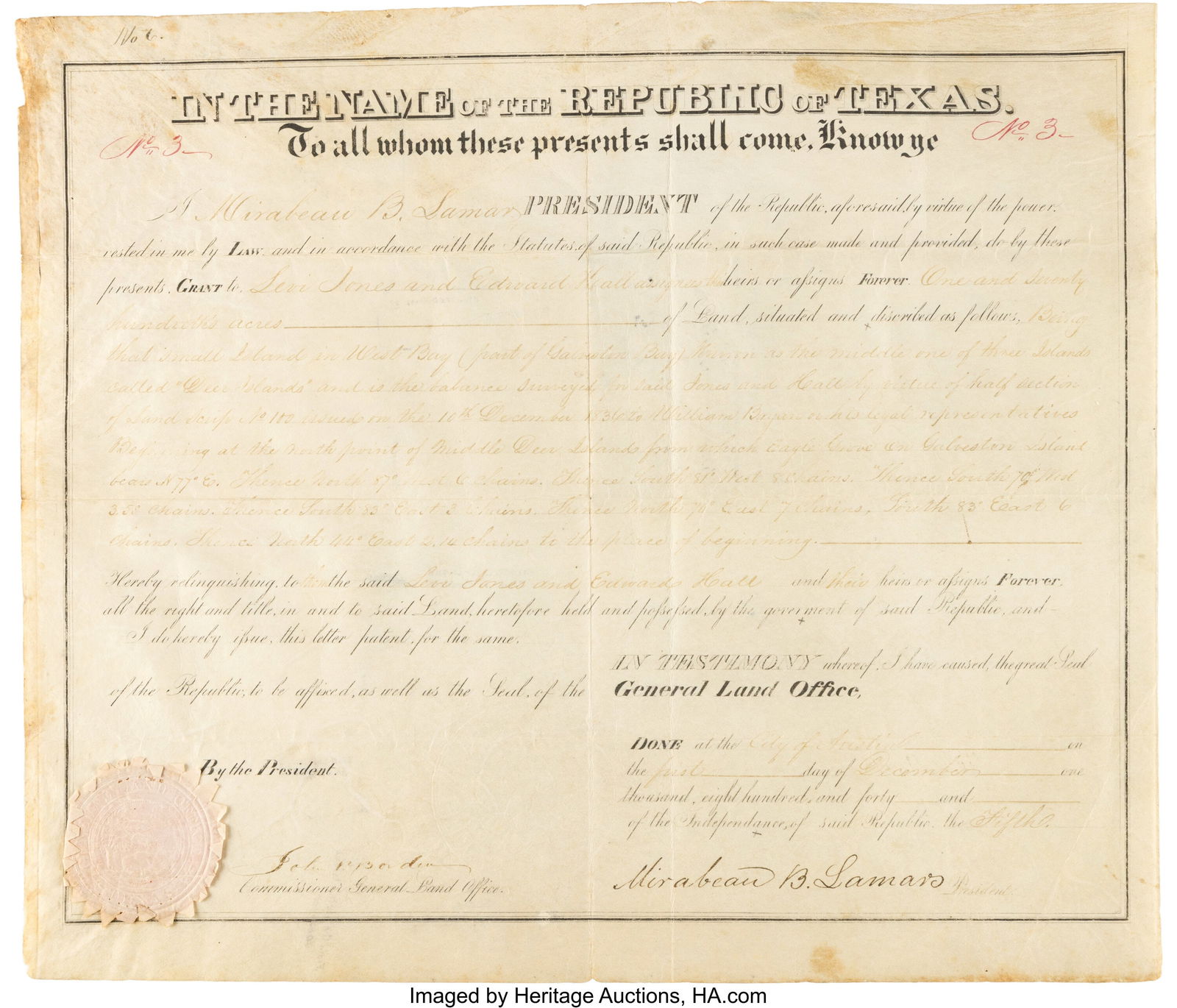 Mirabeau Lamar Signed Land Grant. One partially (1 of 2)