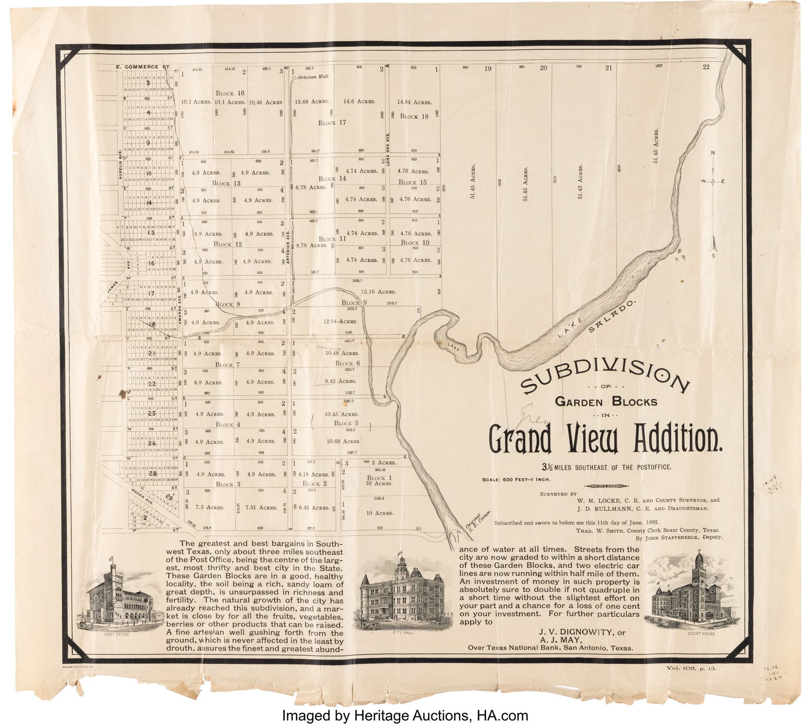San Antonio Plat Map: Subdivision of Garden Bloc: San Antonio Plat Map: Subdivision of Garden Blocks in Grand View Addition. 3 1/2 Miles Southeast of the Postoffice. Surveyed by W. M. Locke and J. D&period