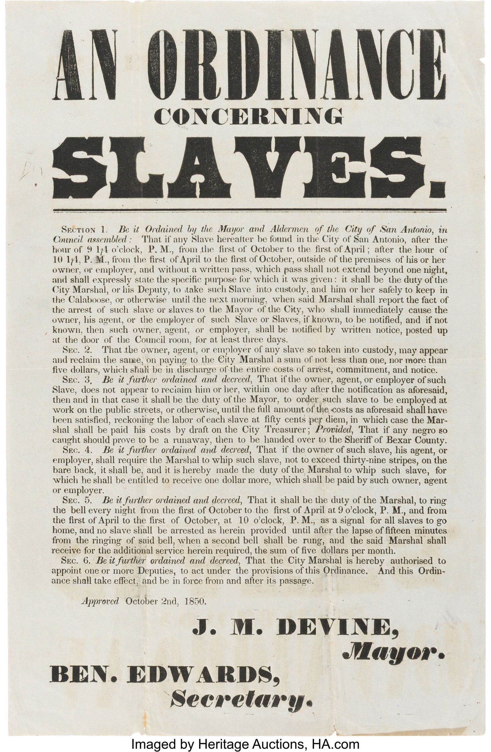 San Antonio Broadside Ordinance on Slavery. One (1 of 2)