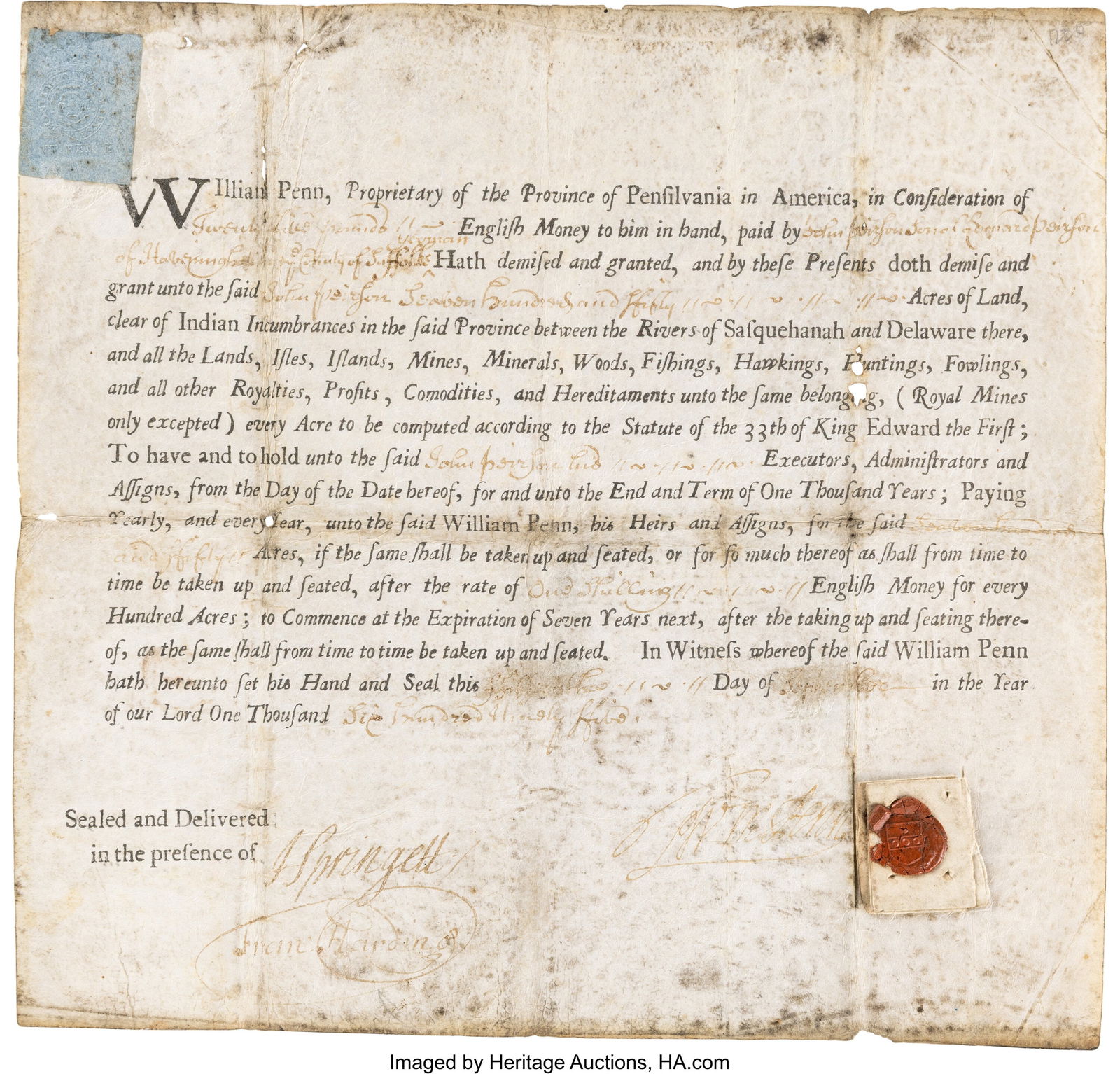 William Penn Document Signed. One partially prin (1 of 3)