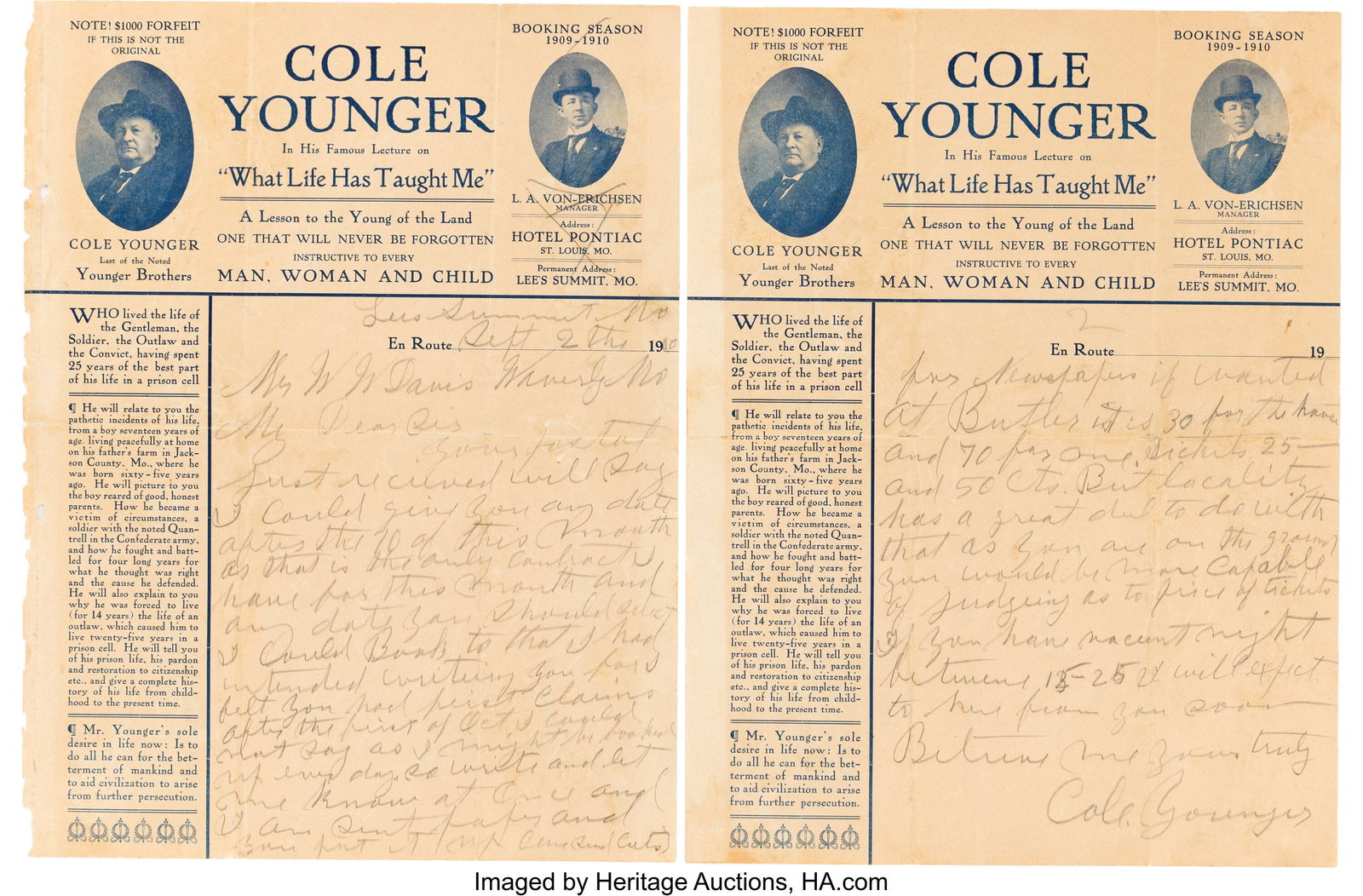 Cole Younger Autograph Letter Signed. Two pages (1 of 2)