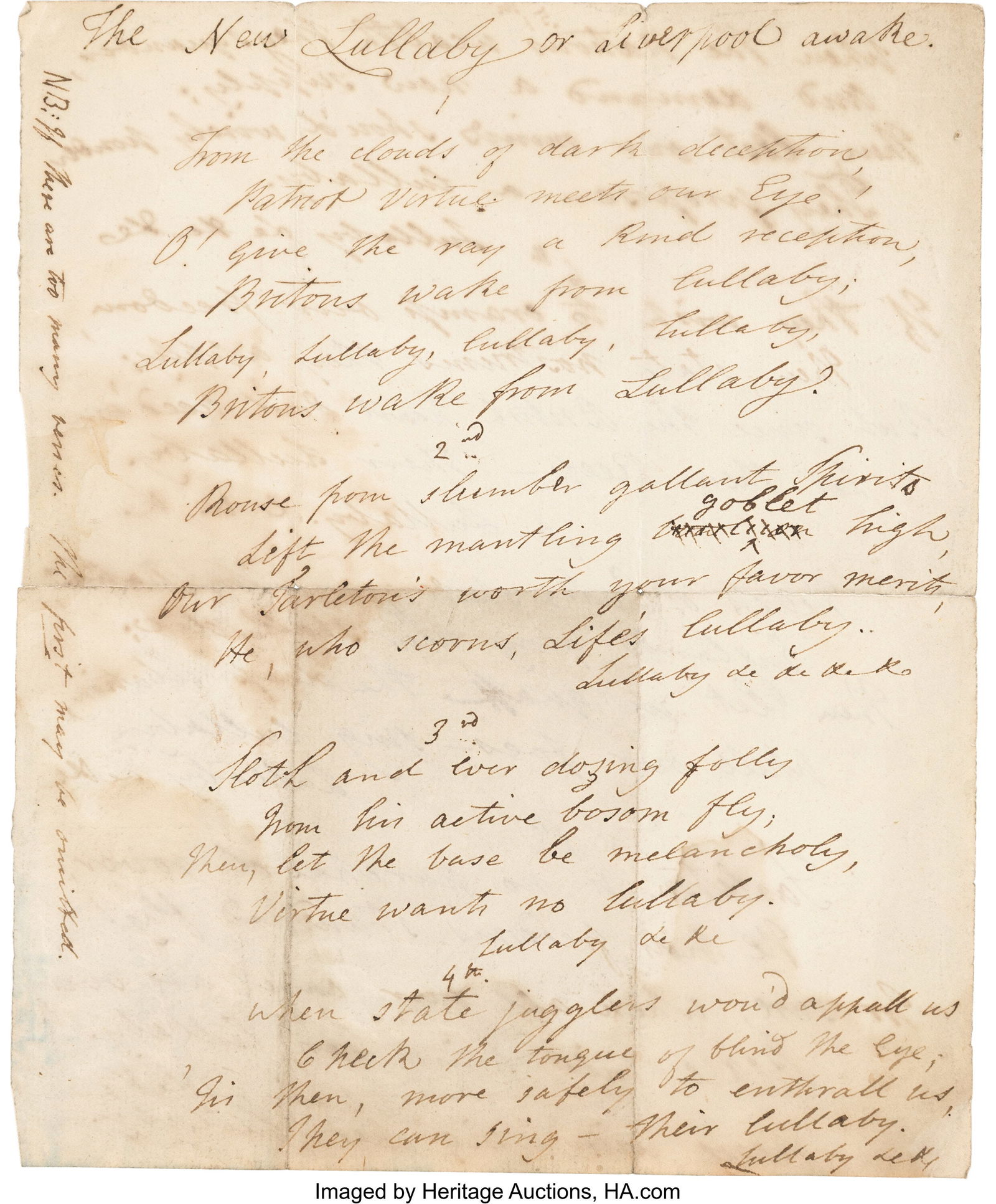 Banastre Tarleton Handwritten Lullaby. Two pages (1 of 2)