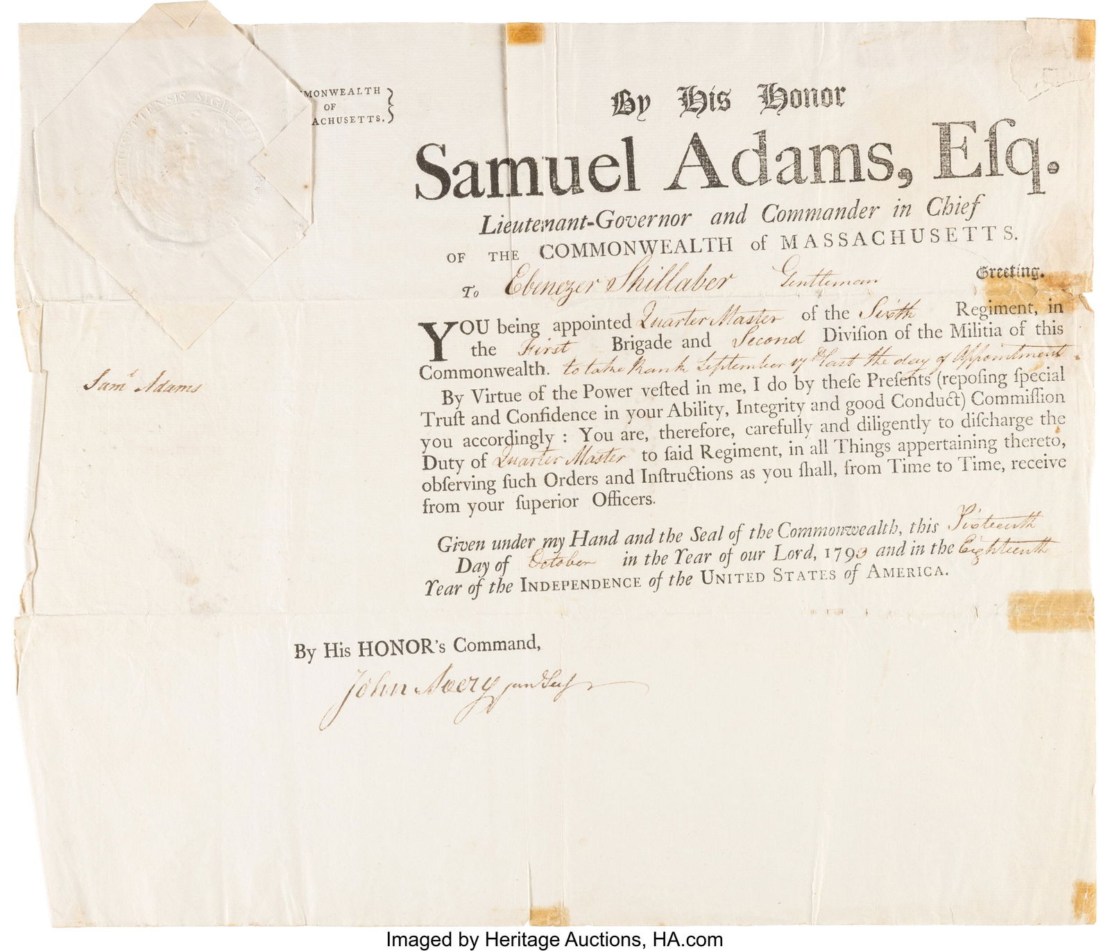 Samuel Adams Militia Appointment Signed. One par (1 of 2)
