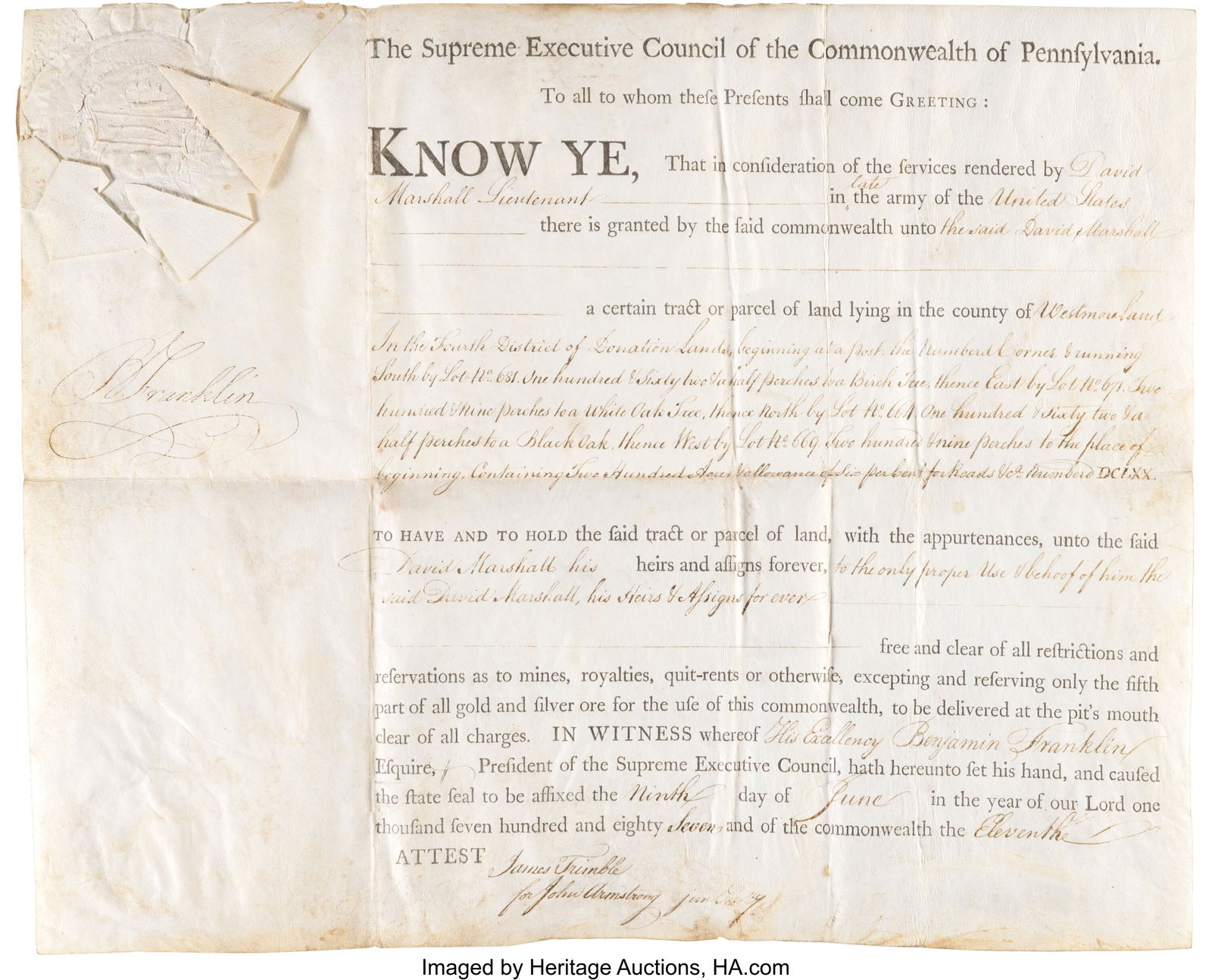 Benjamin Franklin Signed Land Grant. One partial (1 of 2)