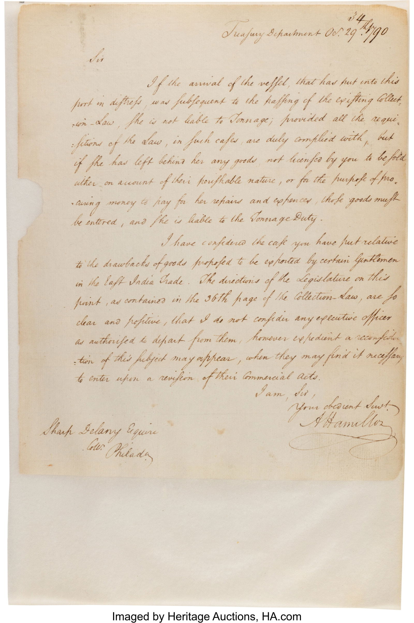 Alexander Hamilton Letter Signed. One page, 8 x (1 of 2)