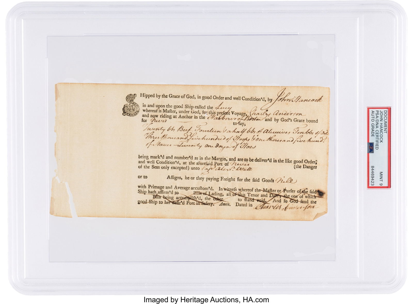 John Hancock Autograph Document Signed. One part (1 of 2)